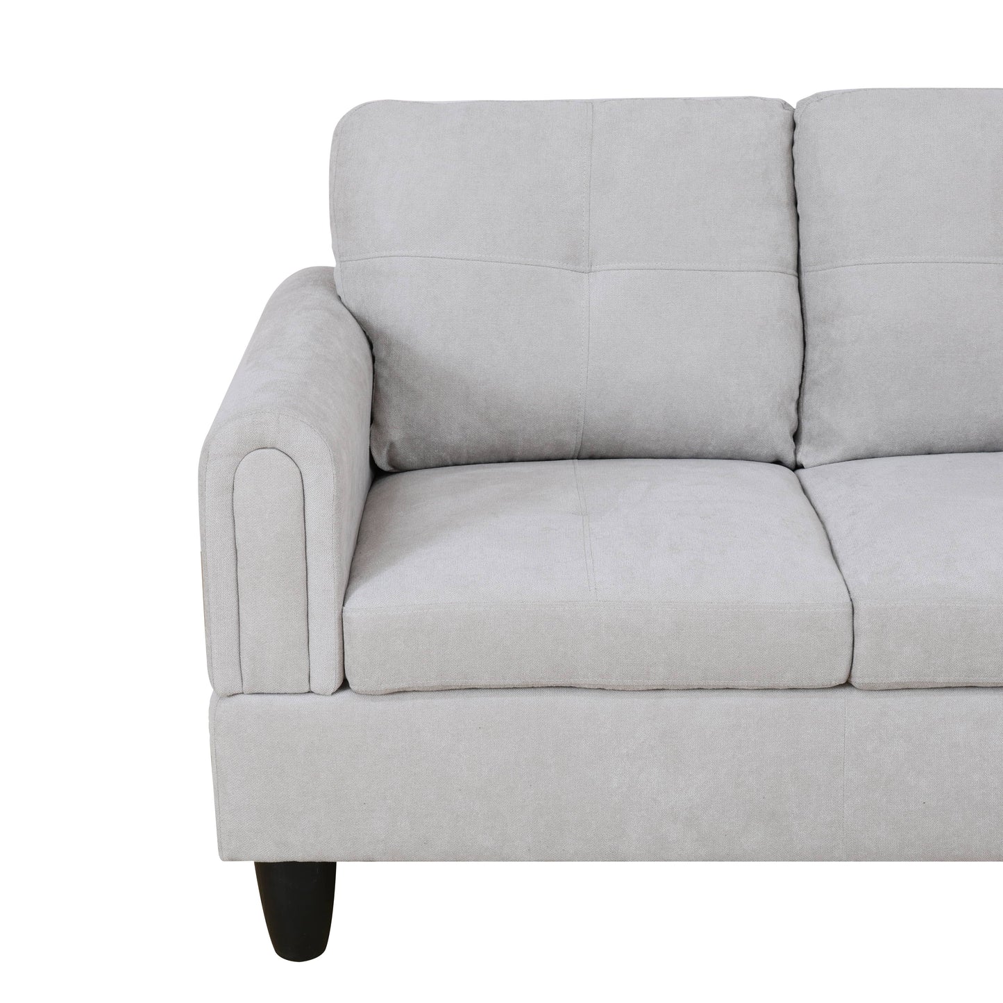 Modern light gray fabric sofa with tufted back cushions and rounded armrest
