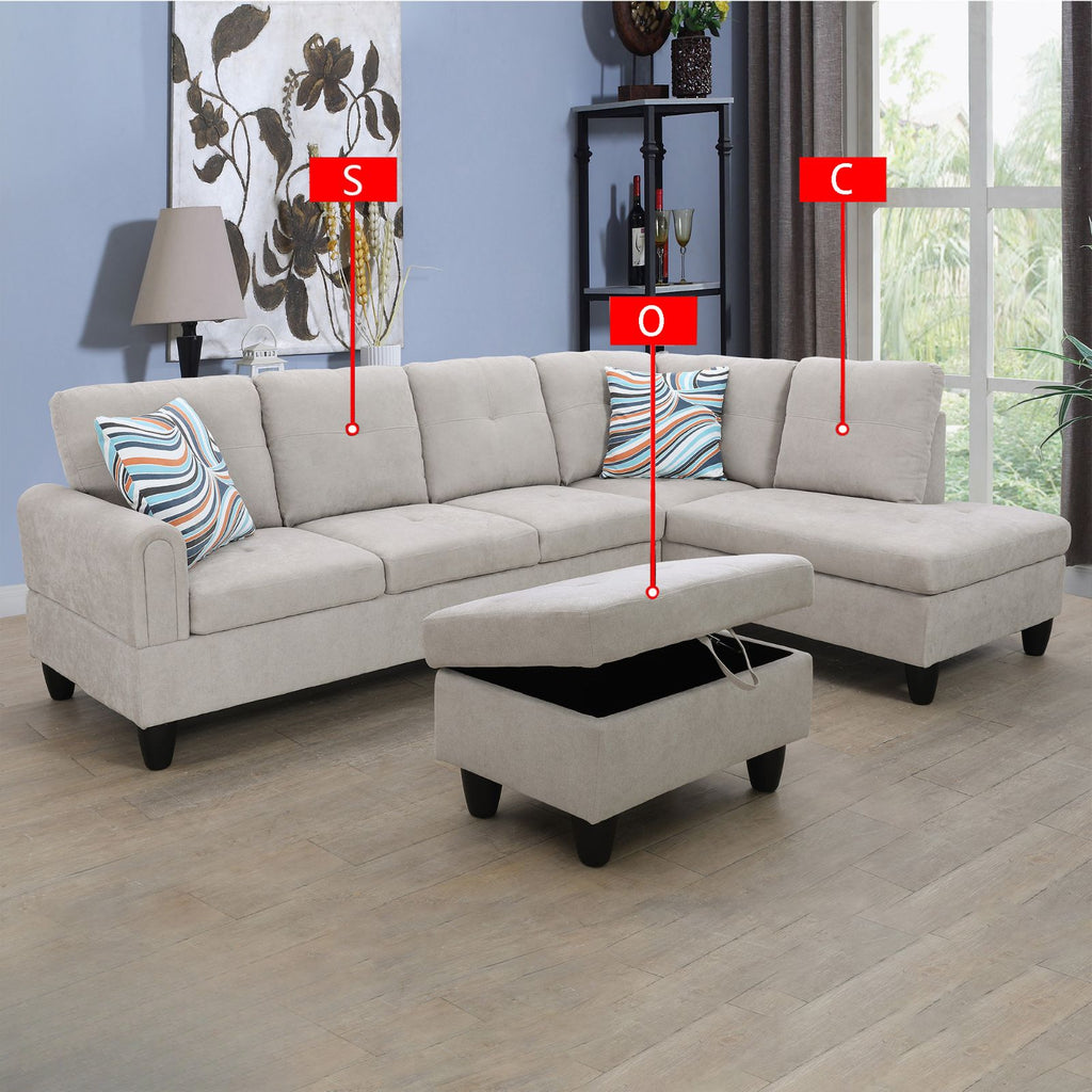 Beige fabric sectional sofa with tufted cushions and storage ottoman