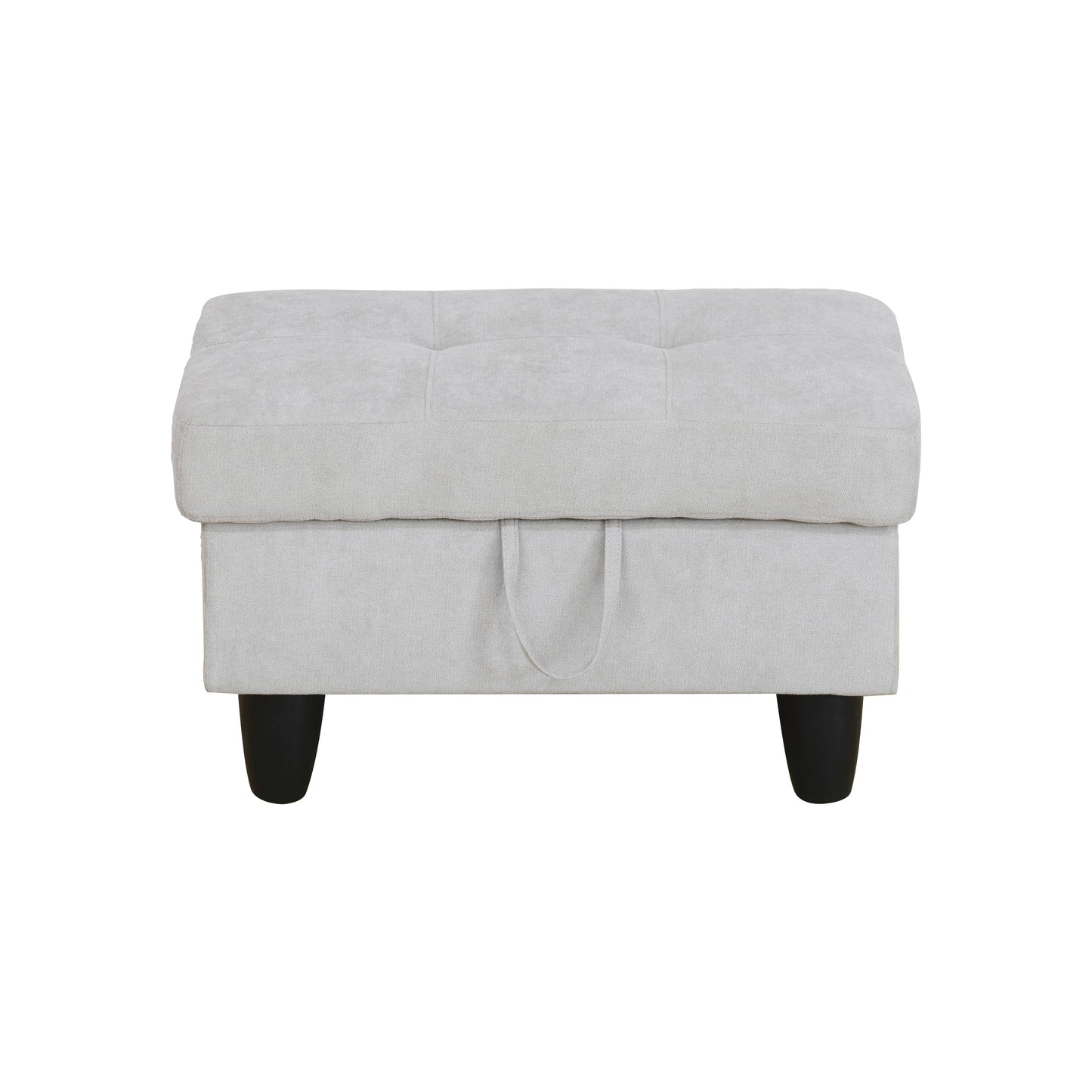 Tufted grey fabric storage ottoman with black tapered legs and hidden handles