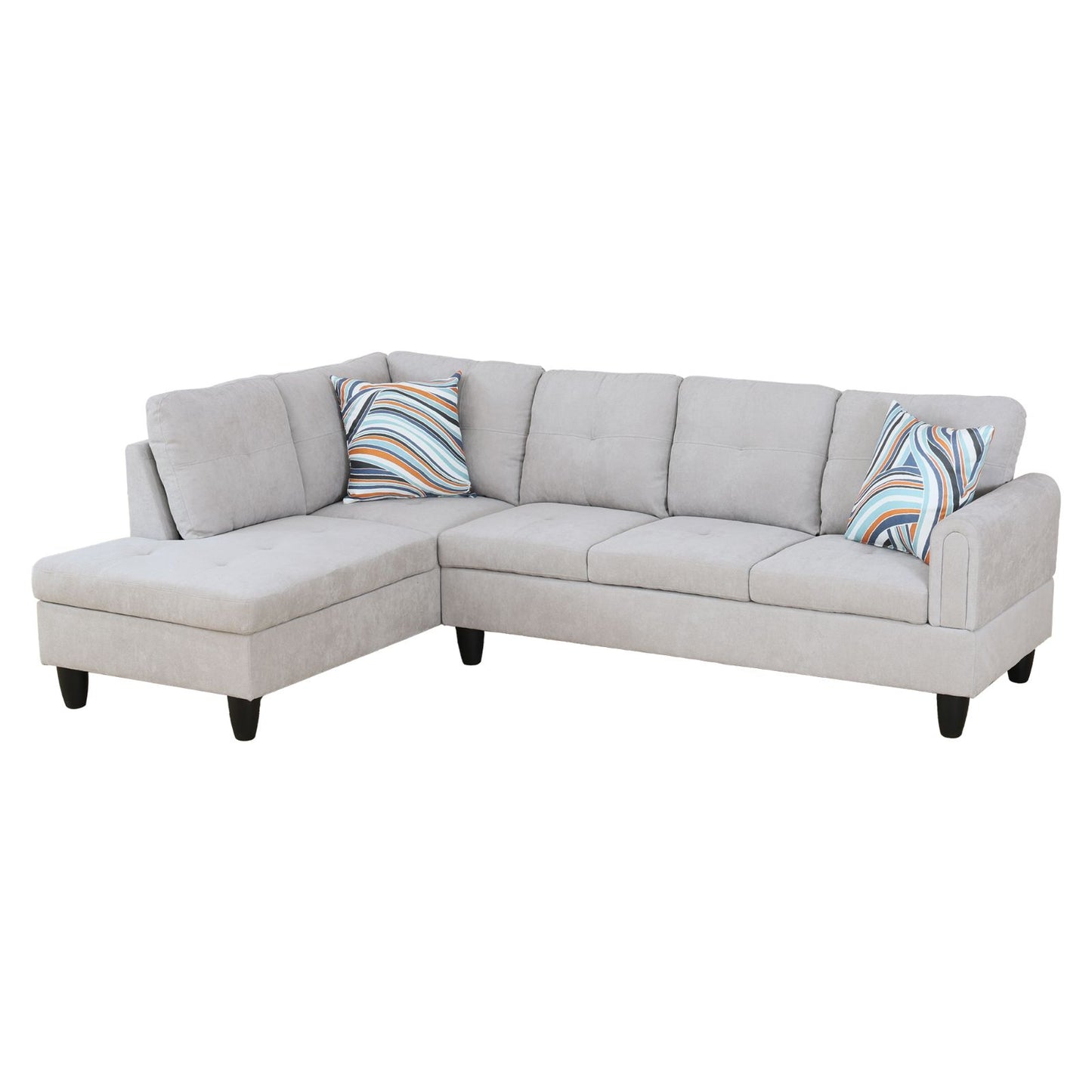 Light grey fabric sectional sofa with tufted cushions and modern design