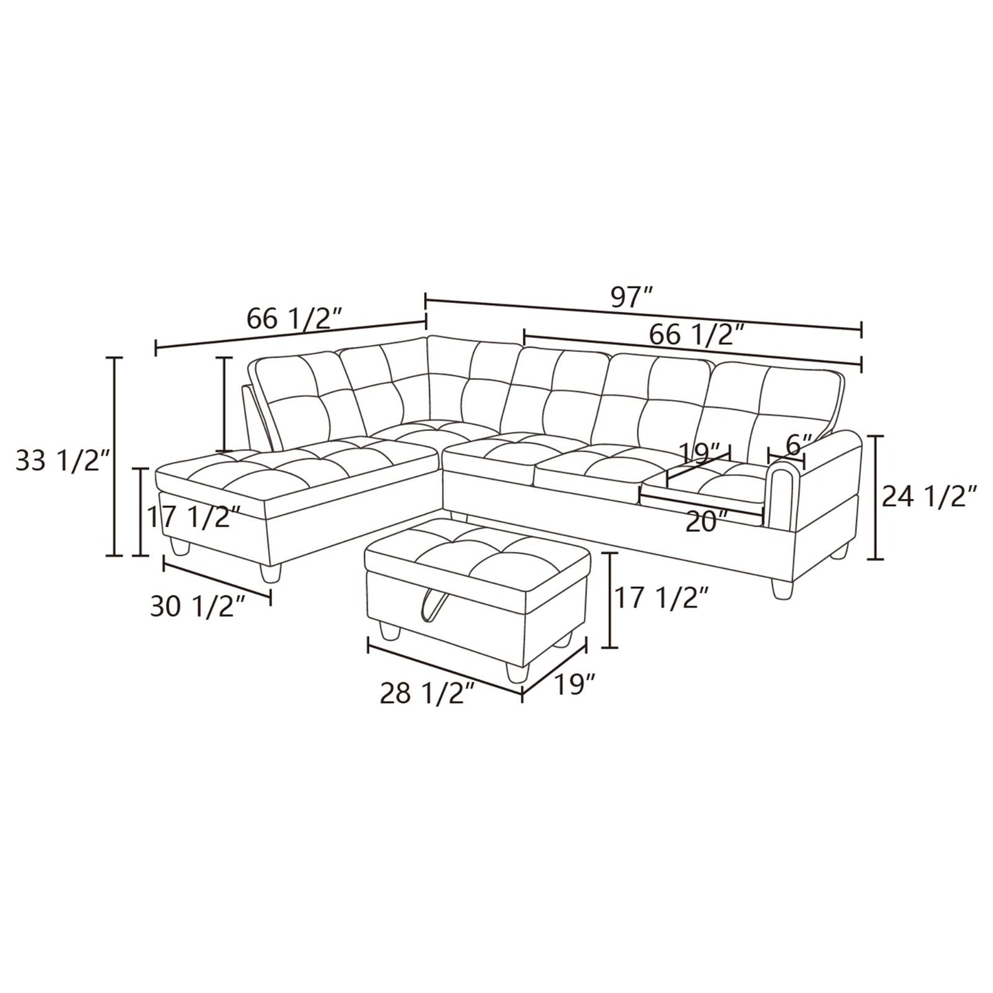 Comfortable L-Shaped Sectional Sofa with Chaise, Light Grey