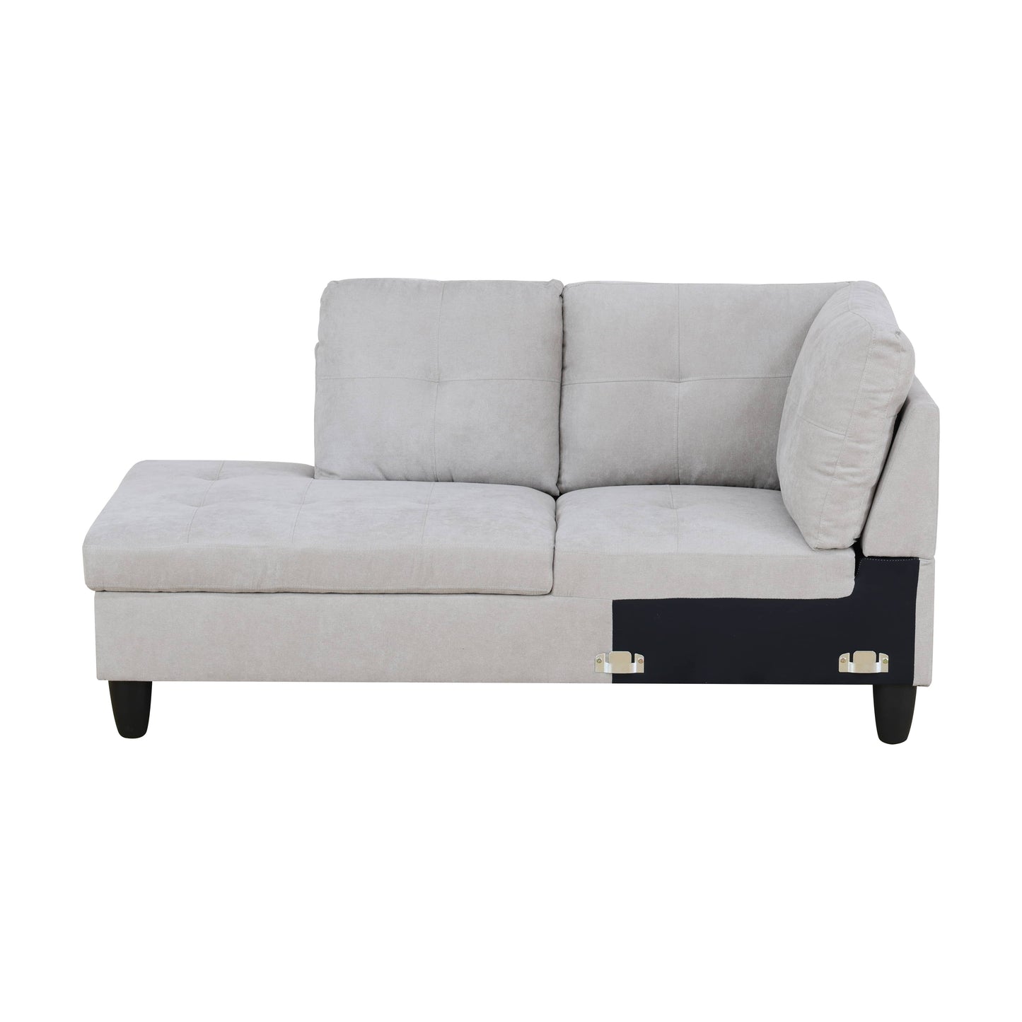 Light grey fabric sectional sofa with tufted cushions and dark legs