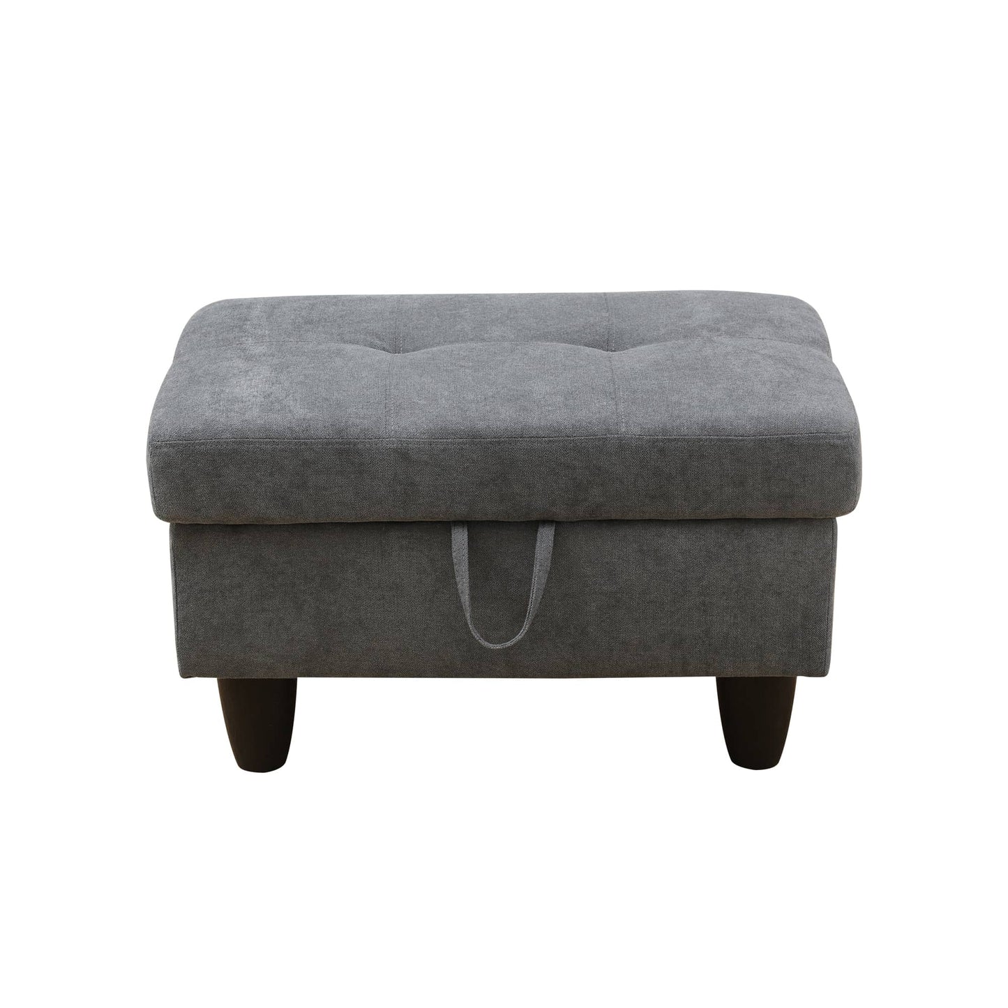 Grey fabric storage ottoman with tufted lid and pull handle