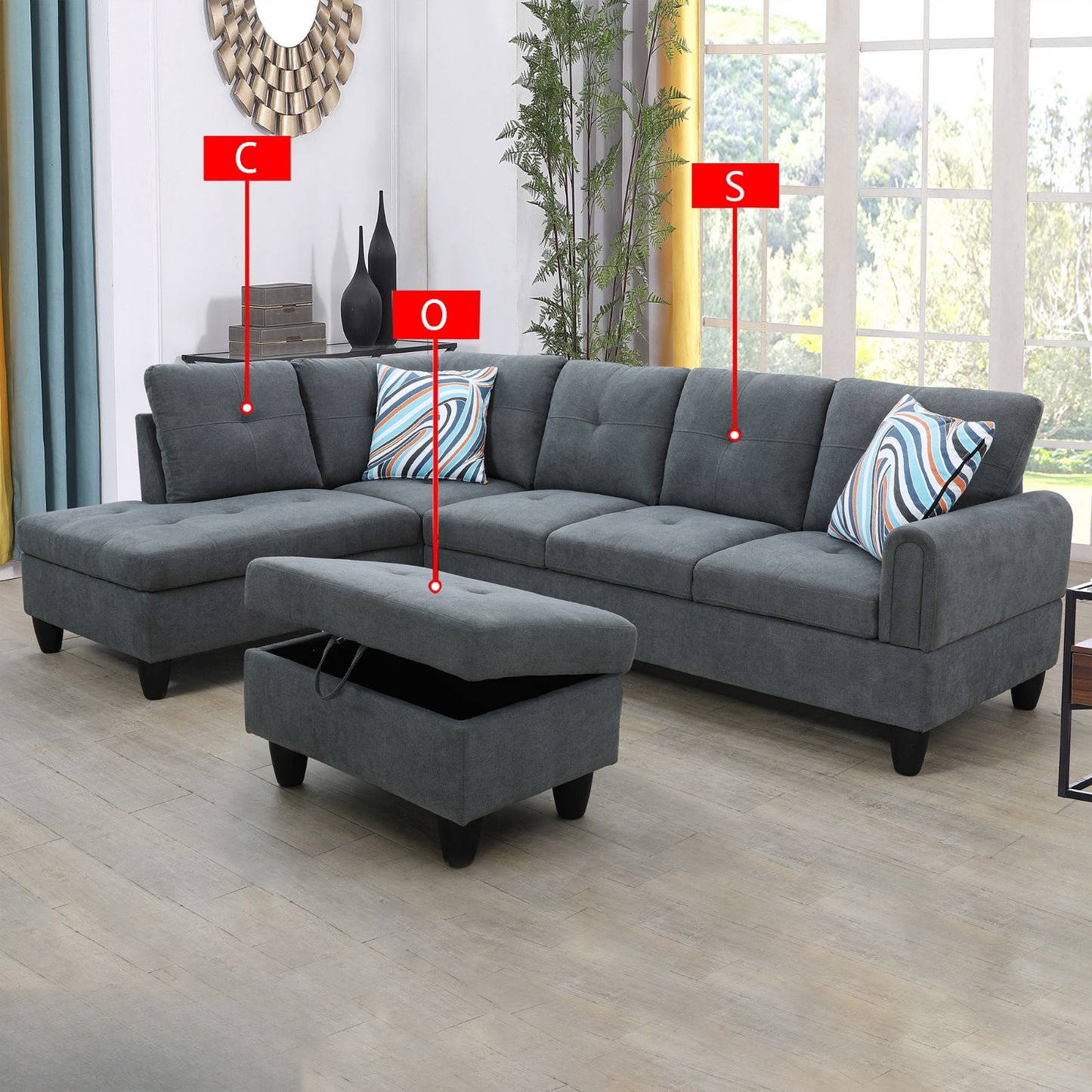 Dark gray fabric sectional sofa with storage ottoman