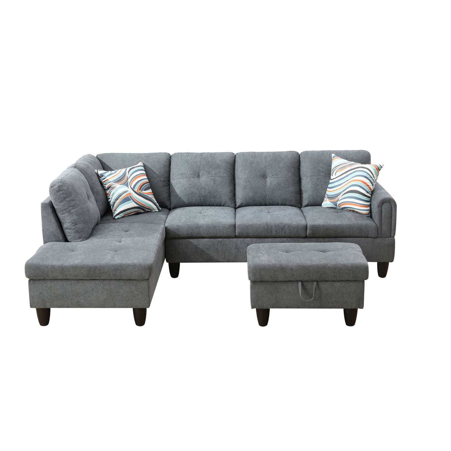 Grey sectional sofa with chaise and storage ottoman