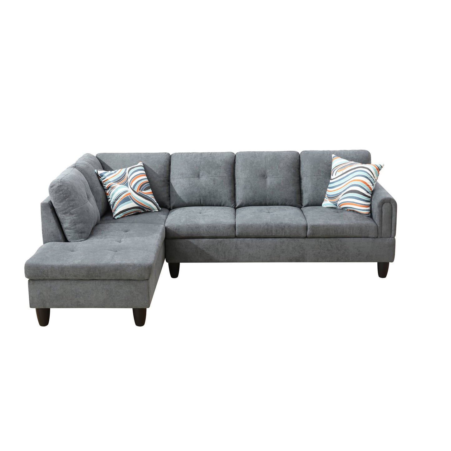 Gray fabric sectional sofa with tufted seats and accent pillows