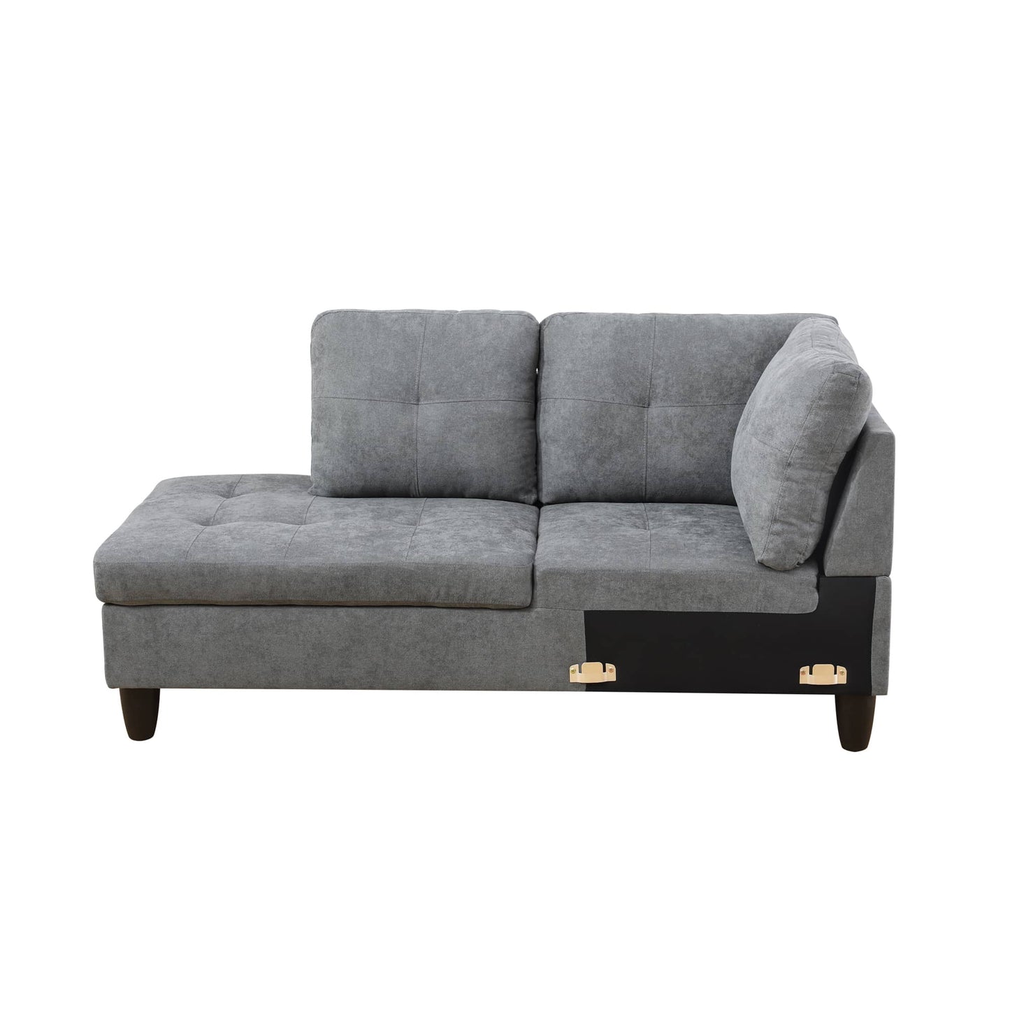 Grey fabric sectional sofa with tufted cushions and dark wooden legs