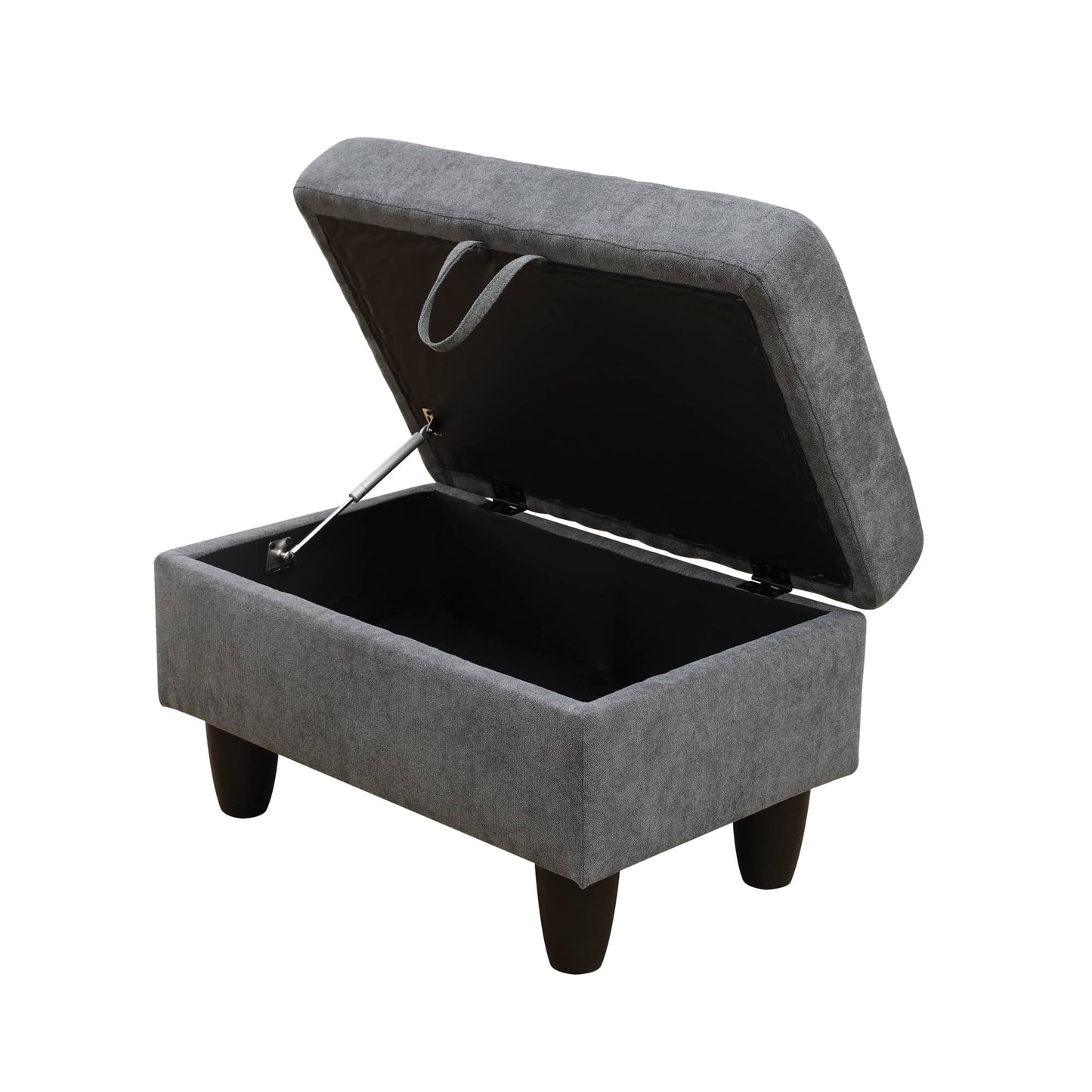Grey fabric storage ottoman with open lid