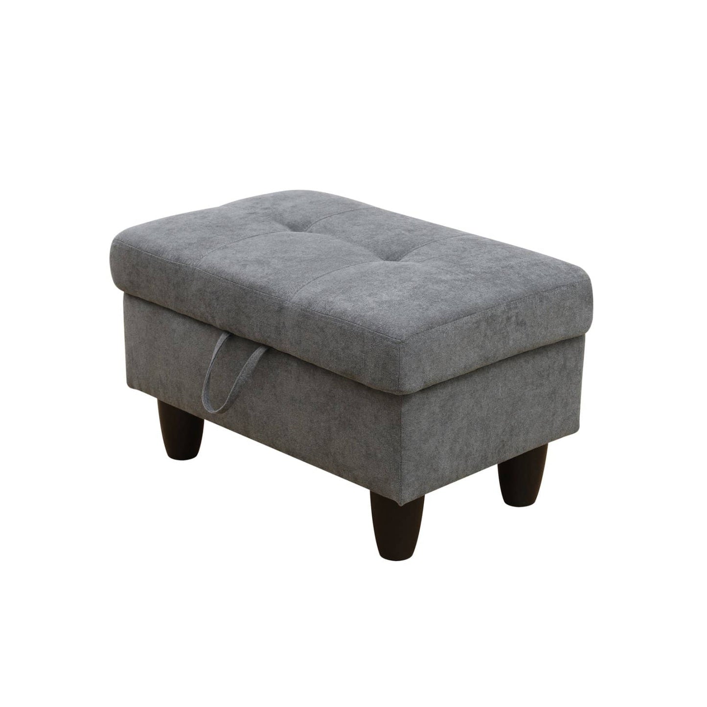 Tufted grey fabric storage ottoman with dark wood legs