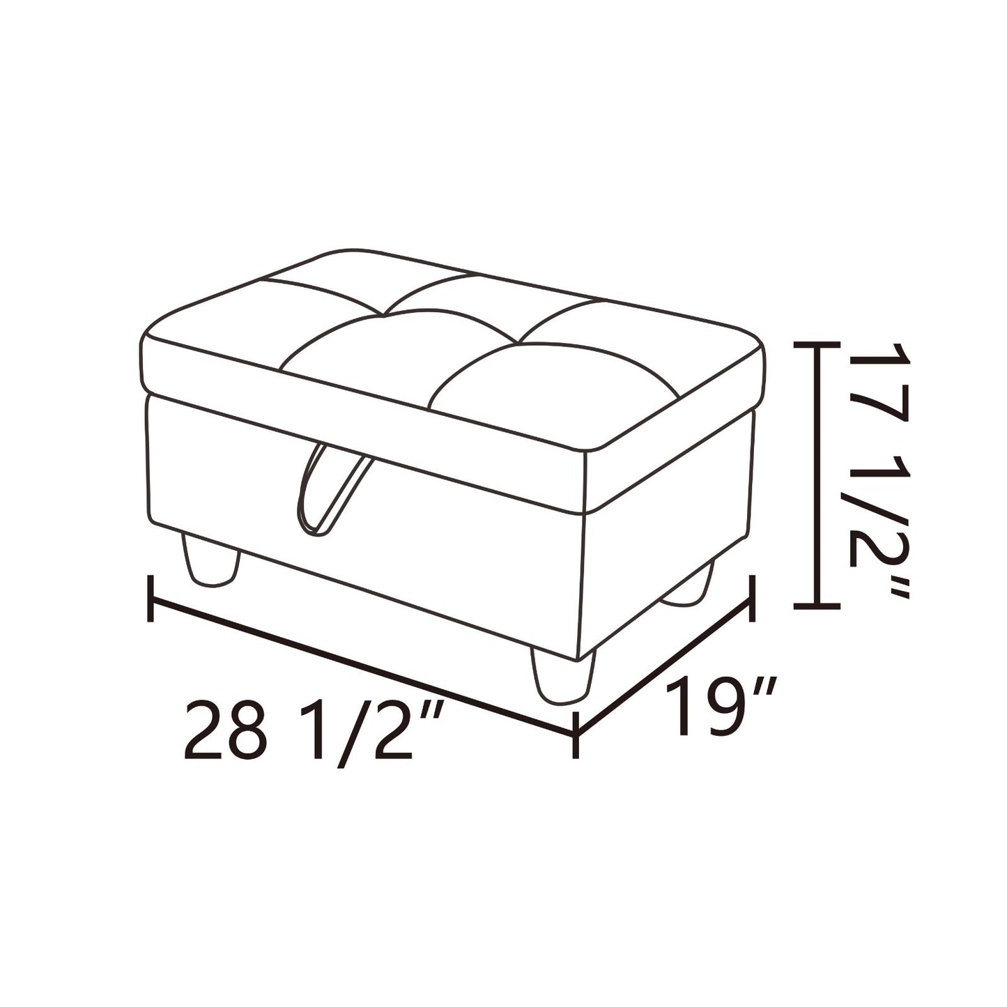 Tufted storage ottoman with dimensions W x D x H