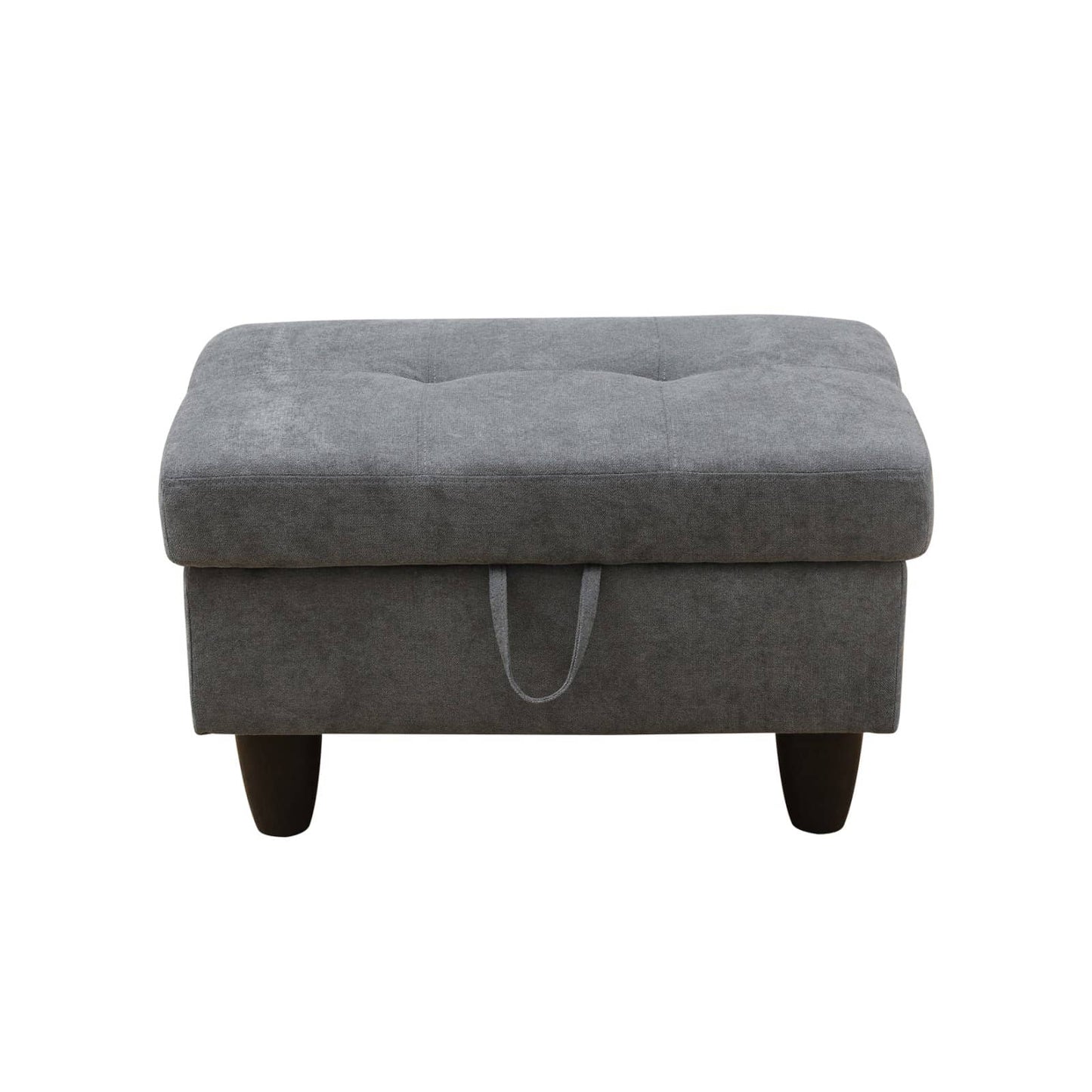 Gray tufted storage ottoman with handle and dark tapered legs