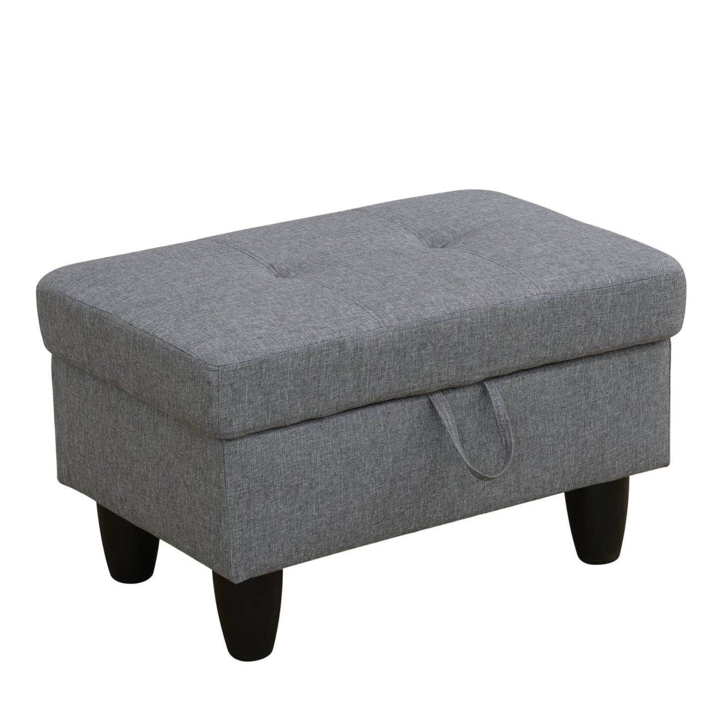 Gray tufted storage ottoman with dark wood legs