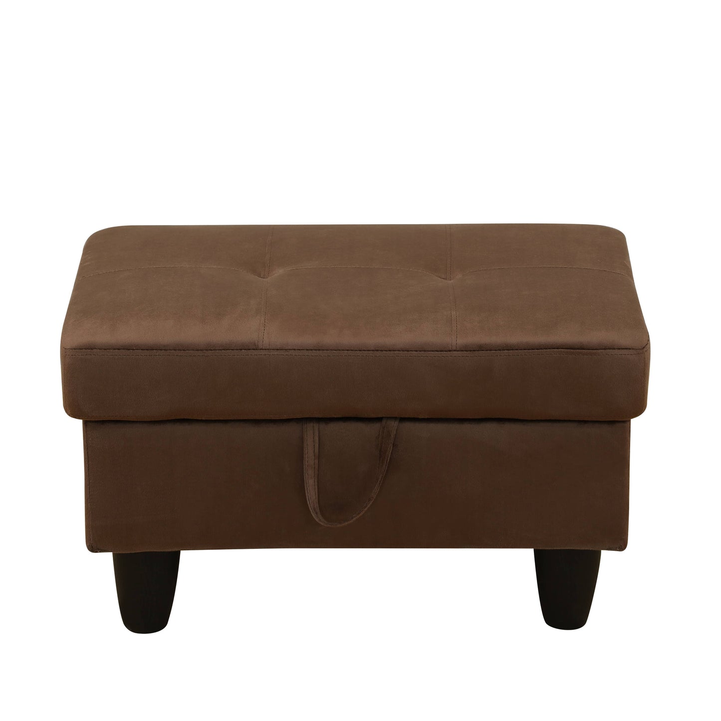 Brown tufted storage ottoman with a hidden pull tab