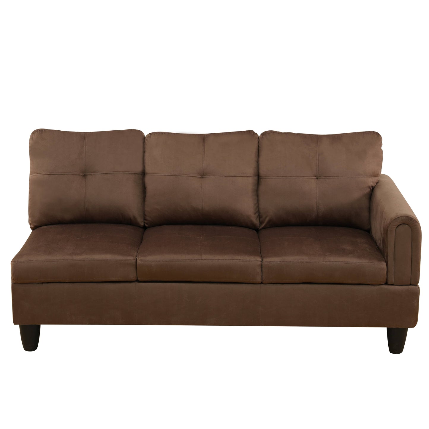 Brown suede sectional sofa with tufted back cushions and a rounded armrest