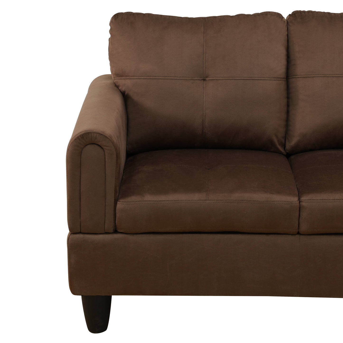 Brown fabric sofa with plush cushions and stitched detailing