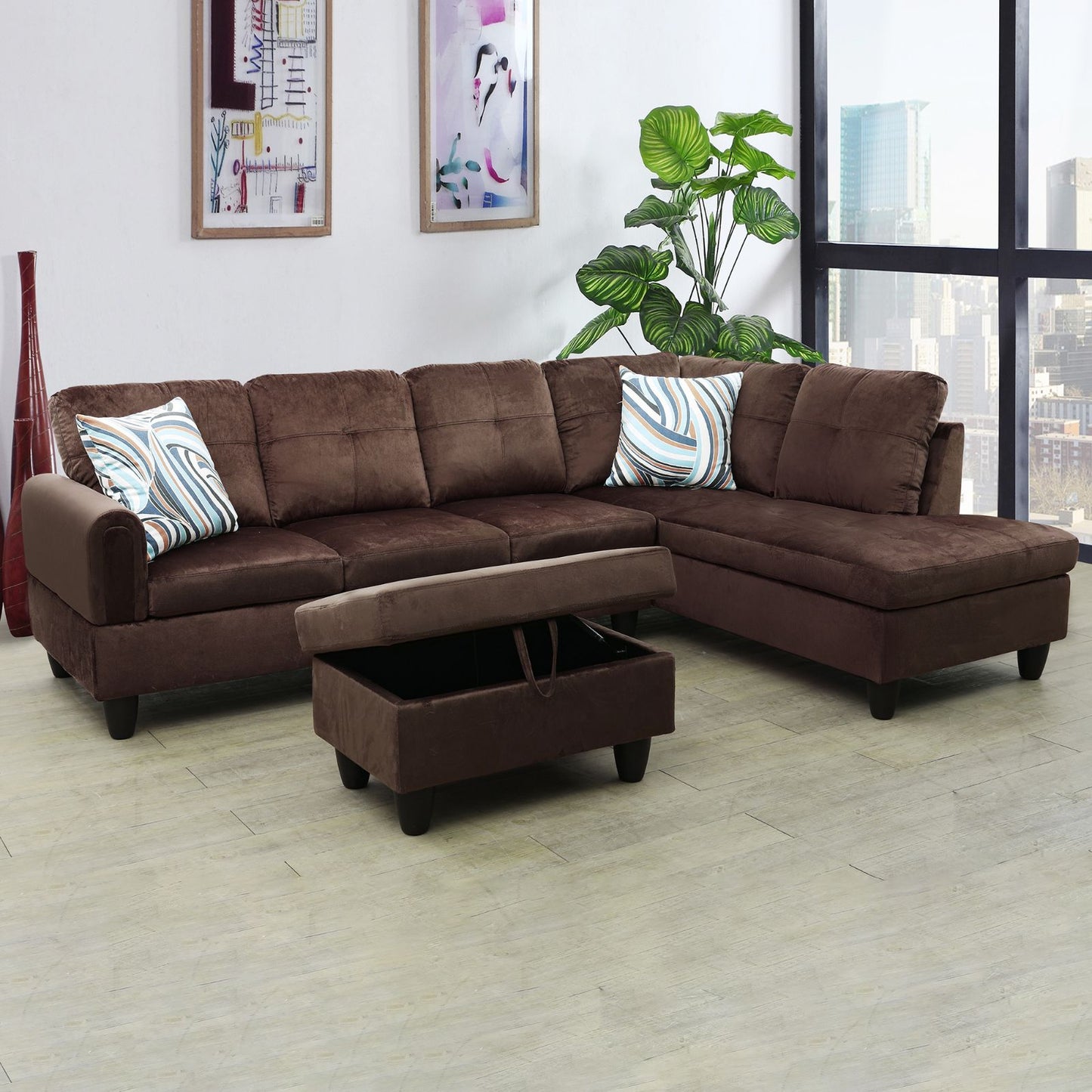 Plush brown sectional sofa with tufted cushions and a matching storage ottoman