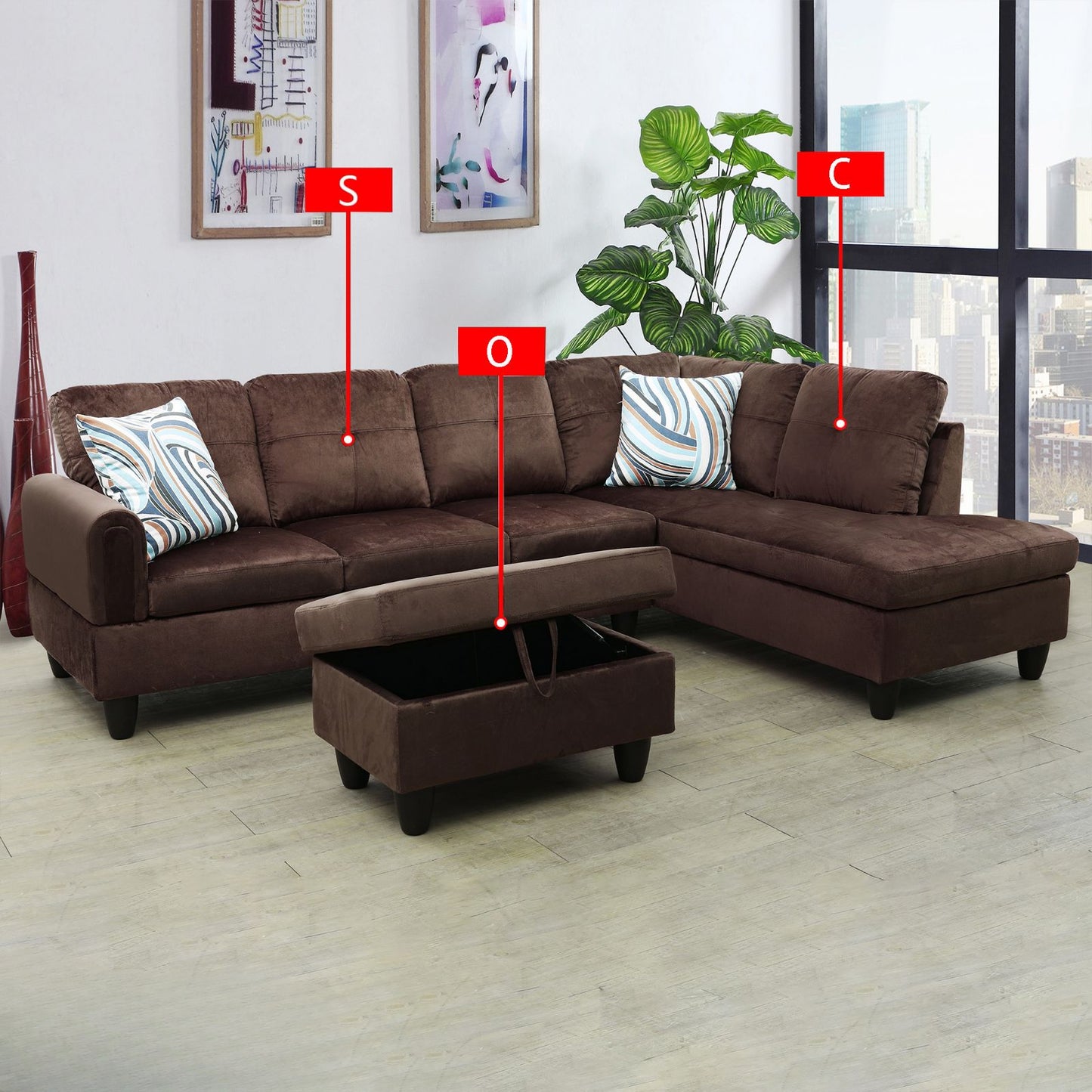 Brown microfiber sectional sofa with storage ottoman and accent pillows