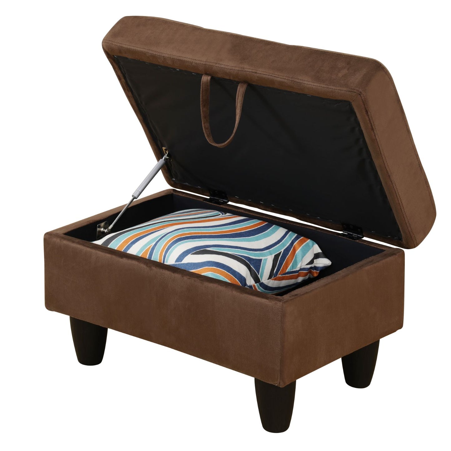 Brown velvet storage ottoman with lifttop lid revealing colorful striped pillow