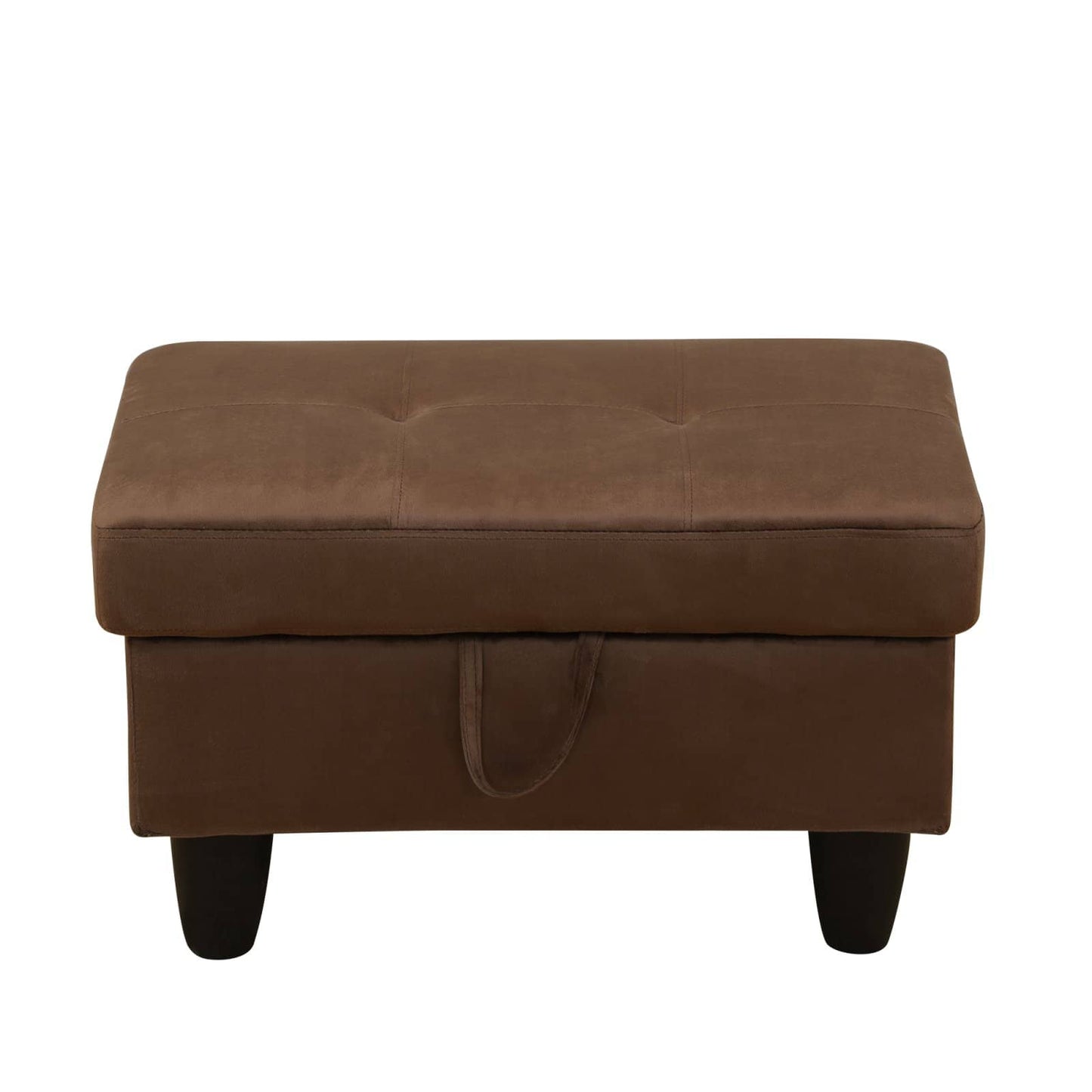 Brown tufted storage ottoman with sturdy dark wood legs and a convenient front handle