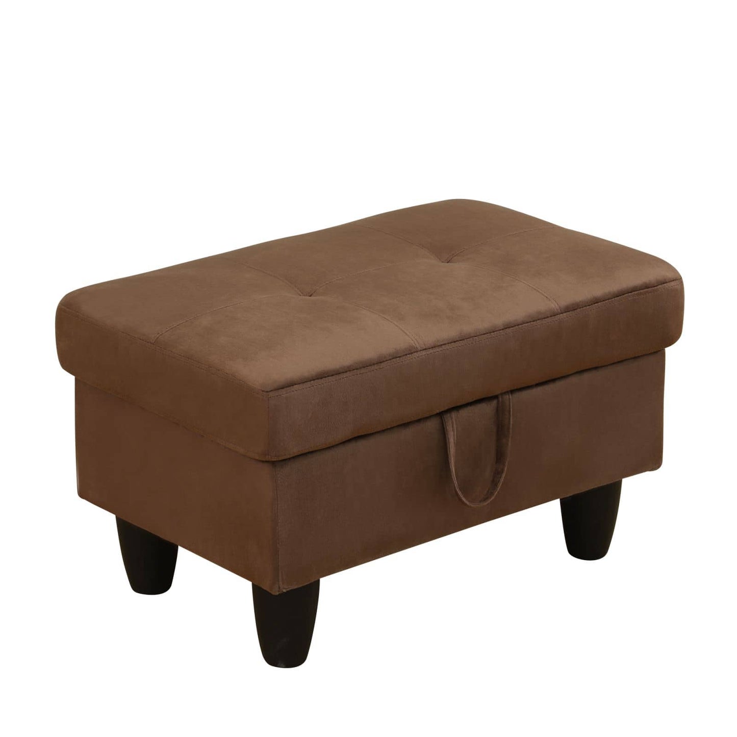 Brown tufted storage ottoman with faux leather upholstery and dark tapered legs