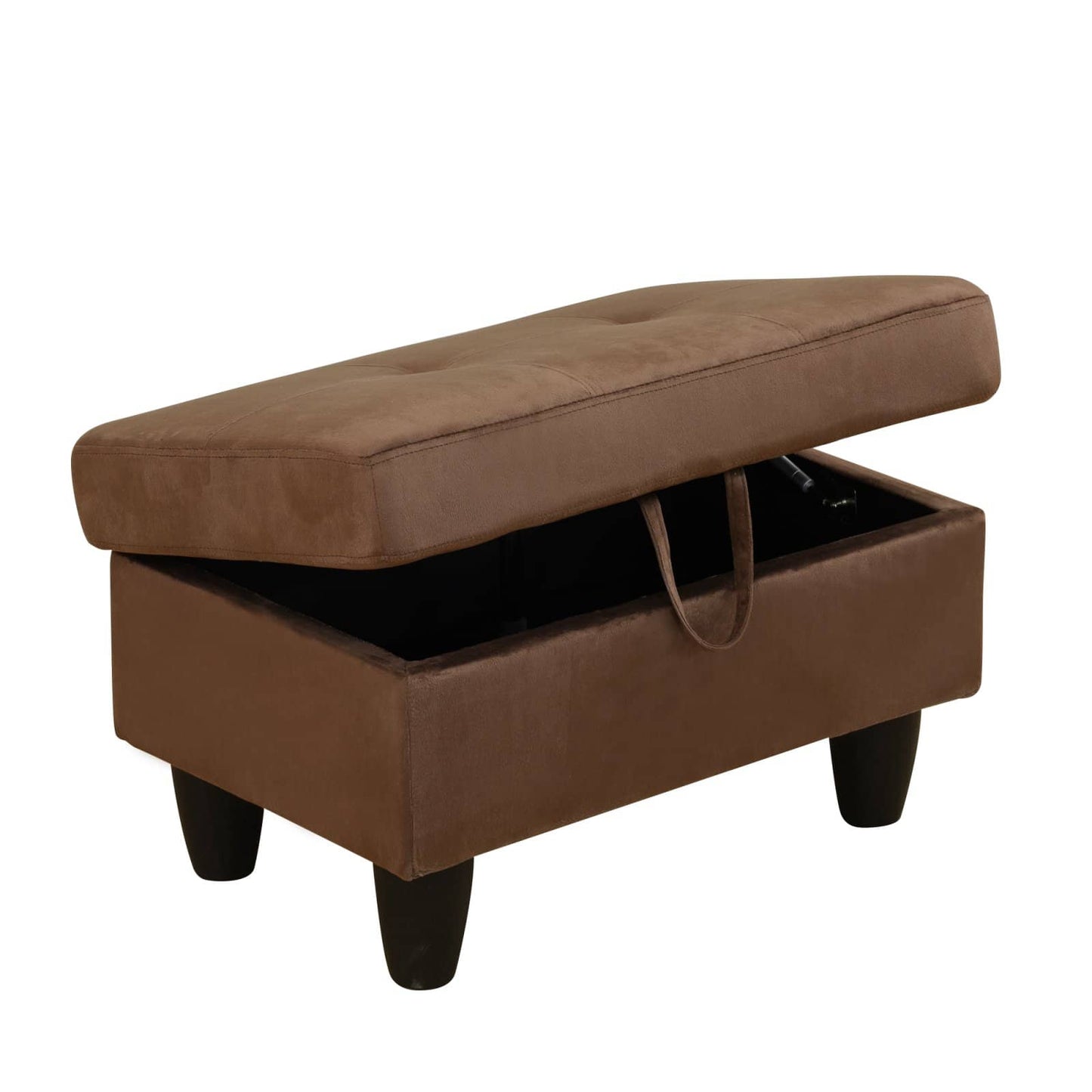Brown tufted storage ottoman with lifttop lid and interior compartment