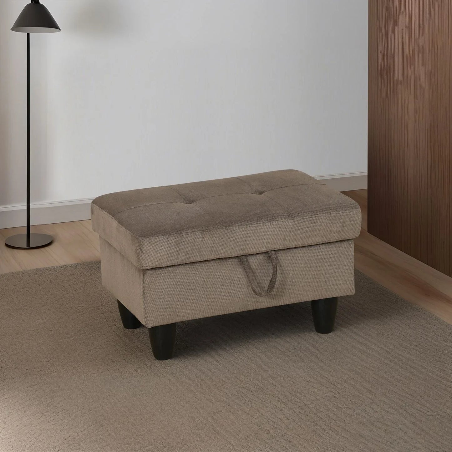 Tufted taupe fabric storage ottoman with dark legs