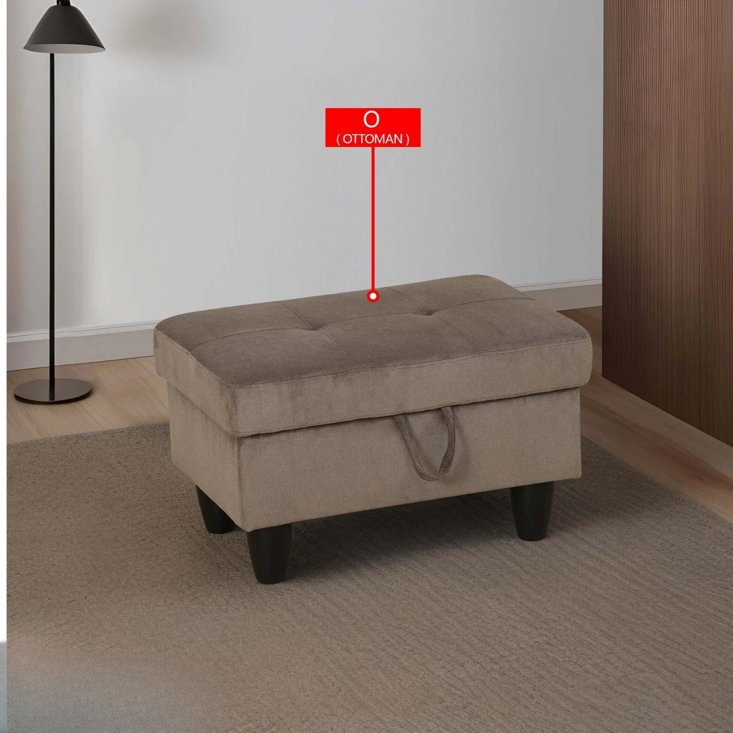 Tufted taupe fabric storage ottoman with dark wood legs