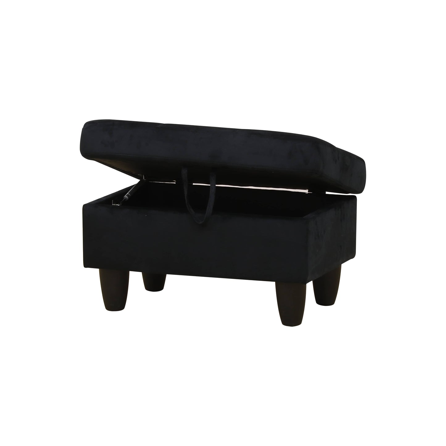 Black velvet storage ottoman with a hinged lid and wooden legs