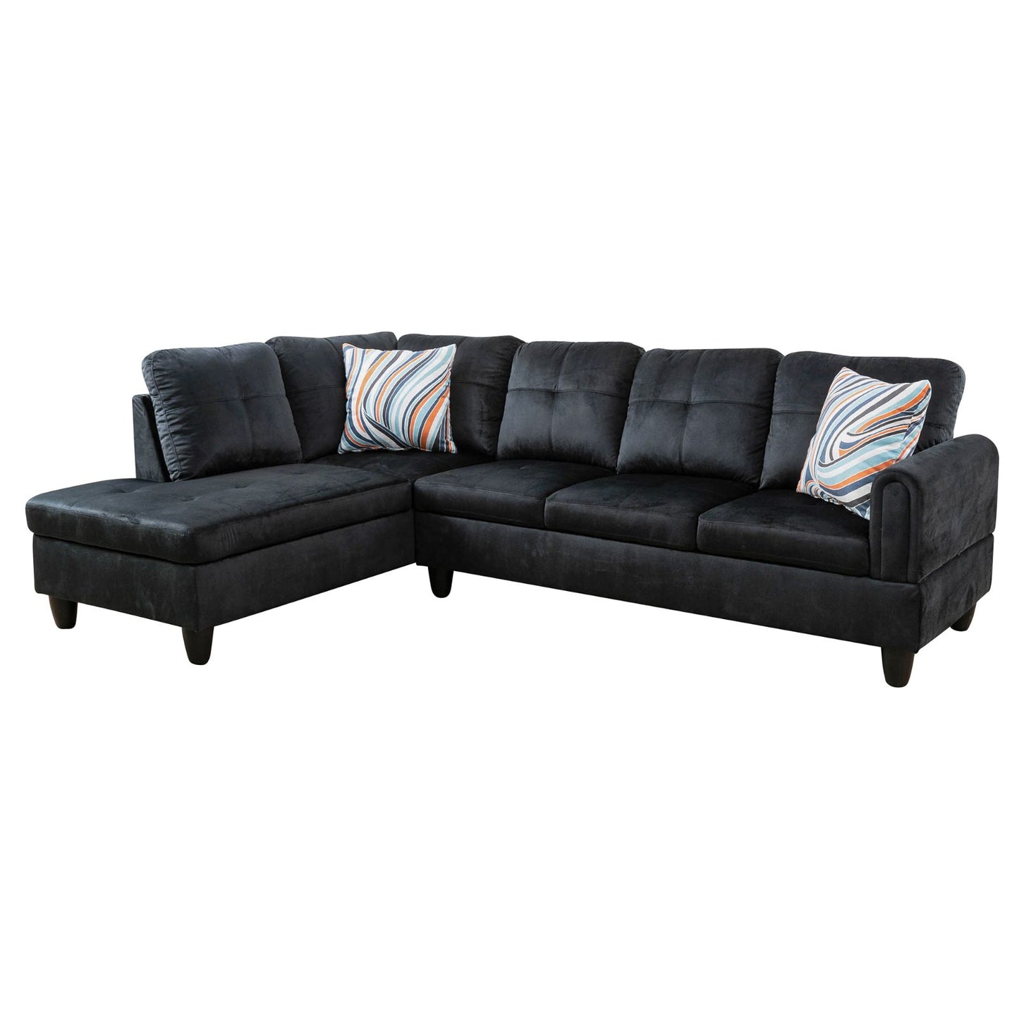 Black sectional sofa with plush cushions and two decorative throw pillows