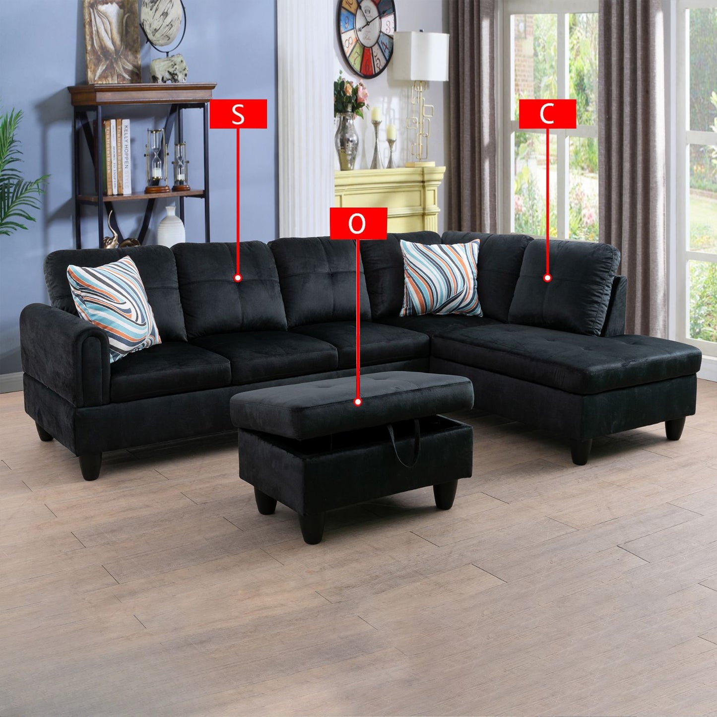 Black velvet Lshaped sectional sofa with tufted cushions and ottoman