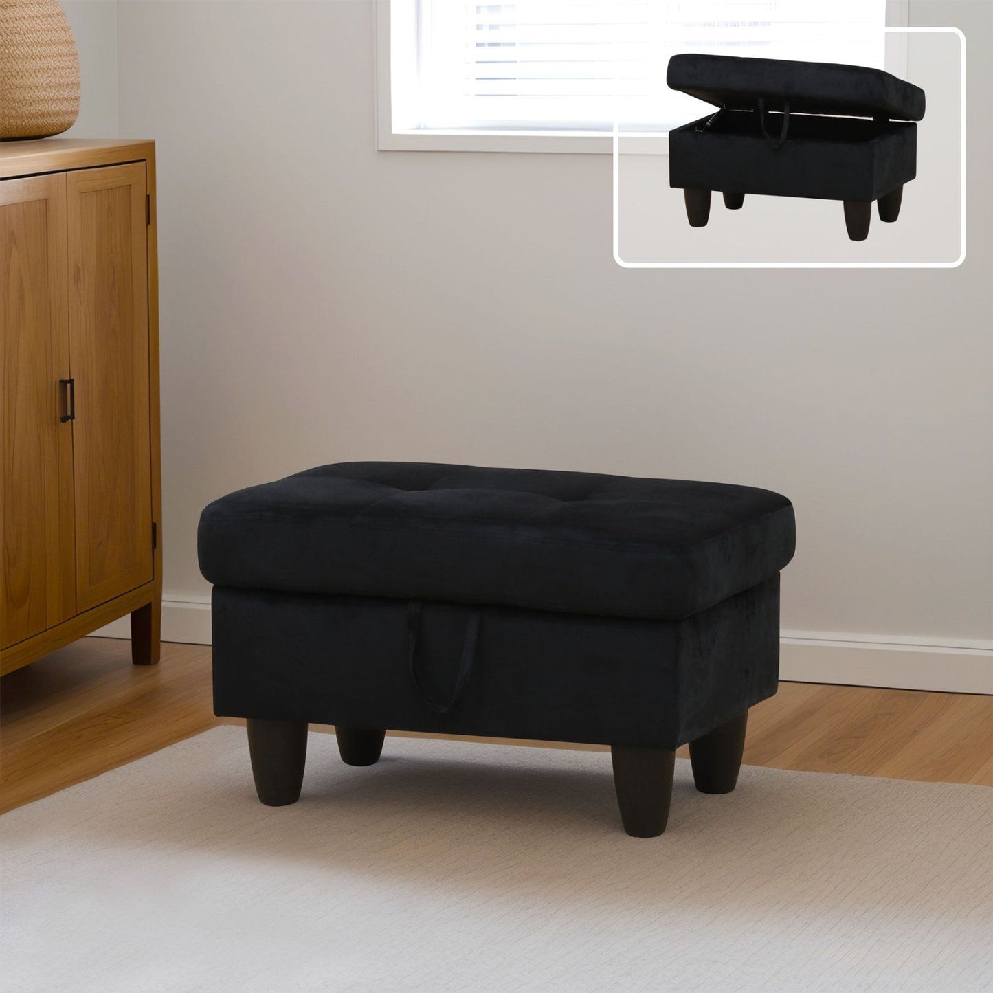 Black velvet storage ottoman with tufted top and wooden legs