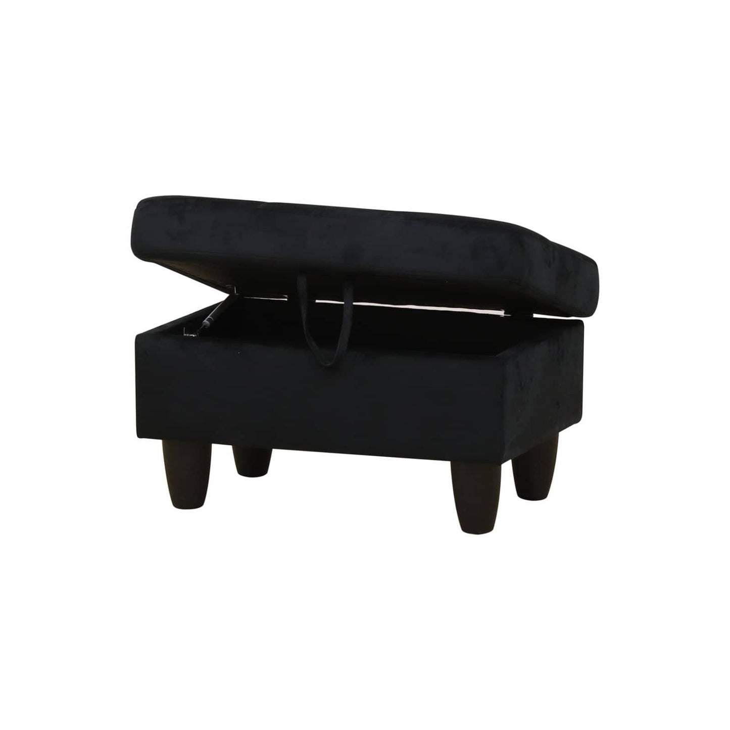 Black velvet storage ottoman with lifttop lid open and four tapered wooden legs