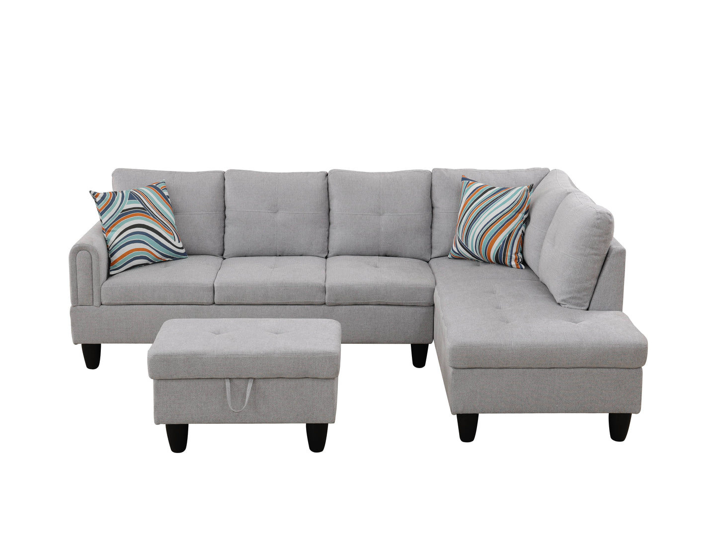 Gray linen fabric sectional sofa with storage ottoman