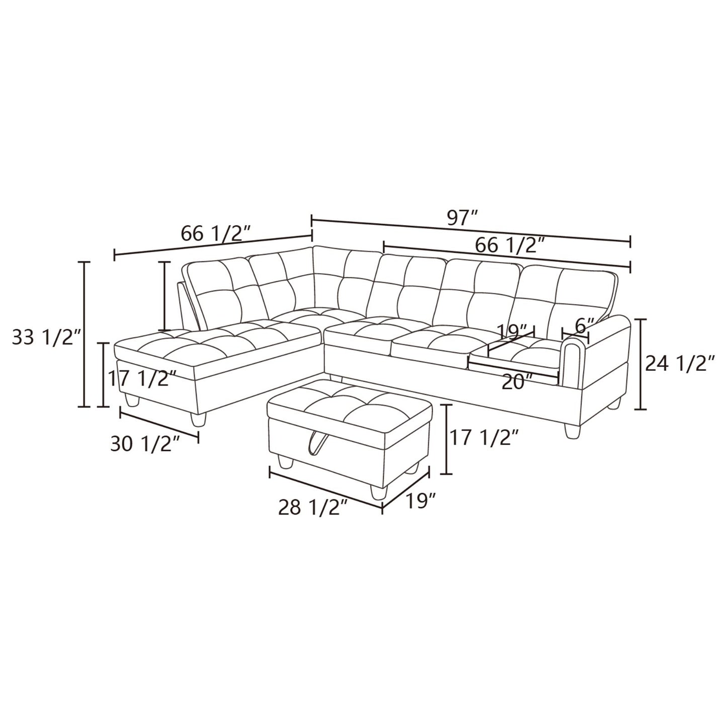 Diagram of tufted sectional sofa with ottoman and dimensions