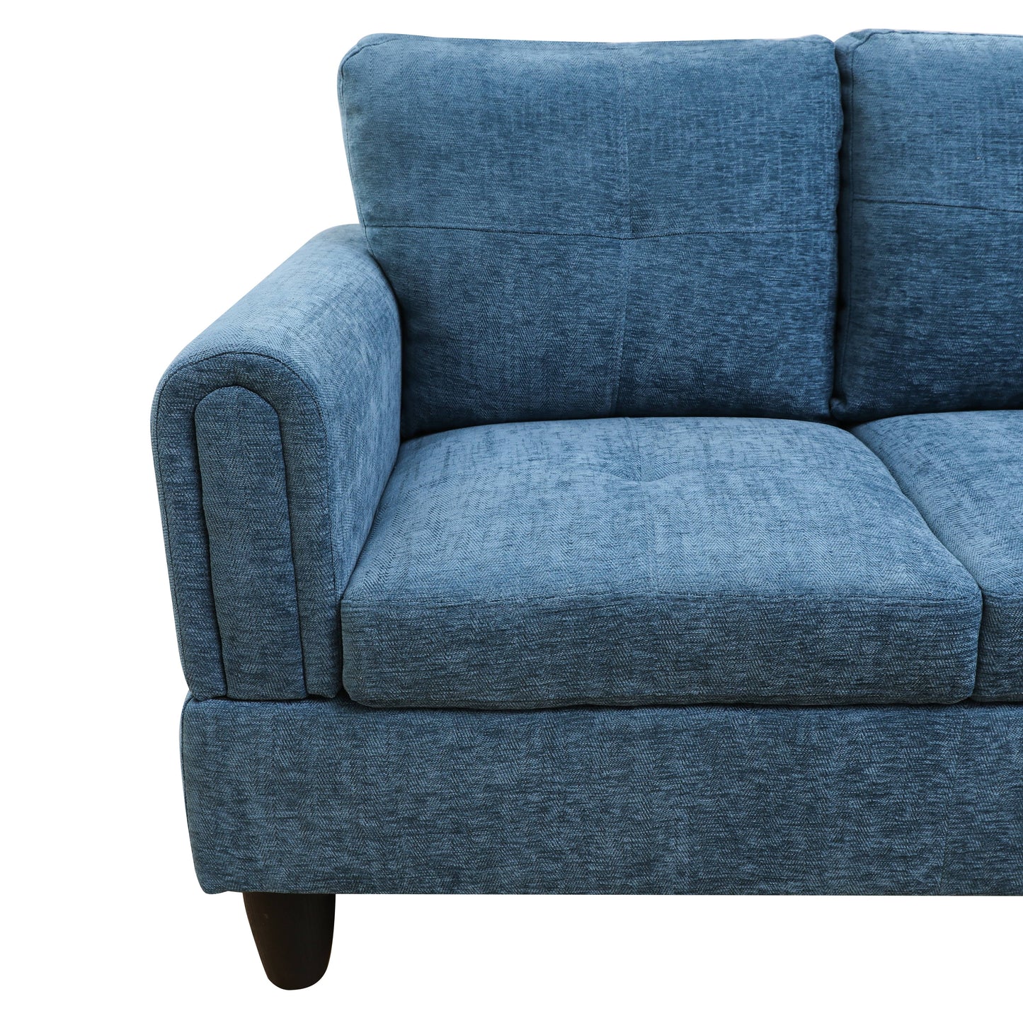 Blue textured fabric sofa with tufted seat cushion and rounded armrest