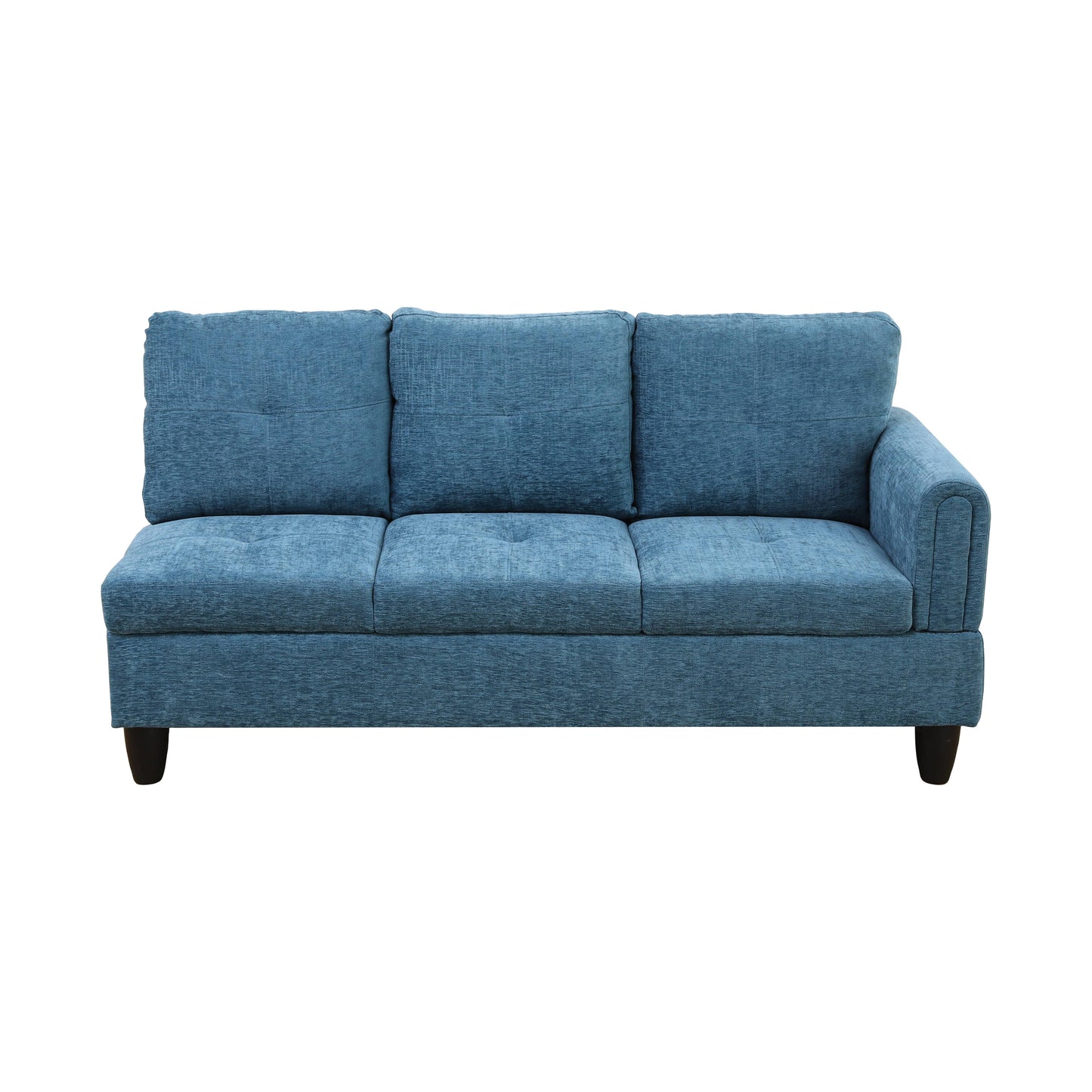 Tufted blue fabric sofa with three seat cushions and armrest