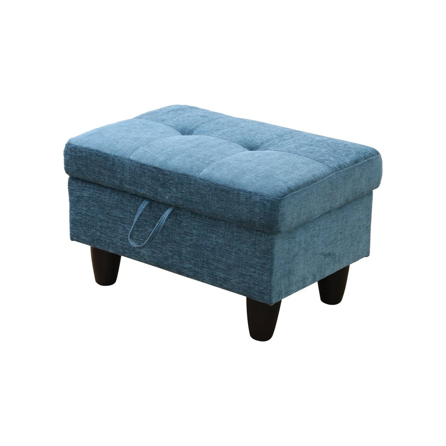 Tufted blue fabric storage ottoman with dark wood legs
