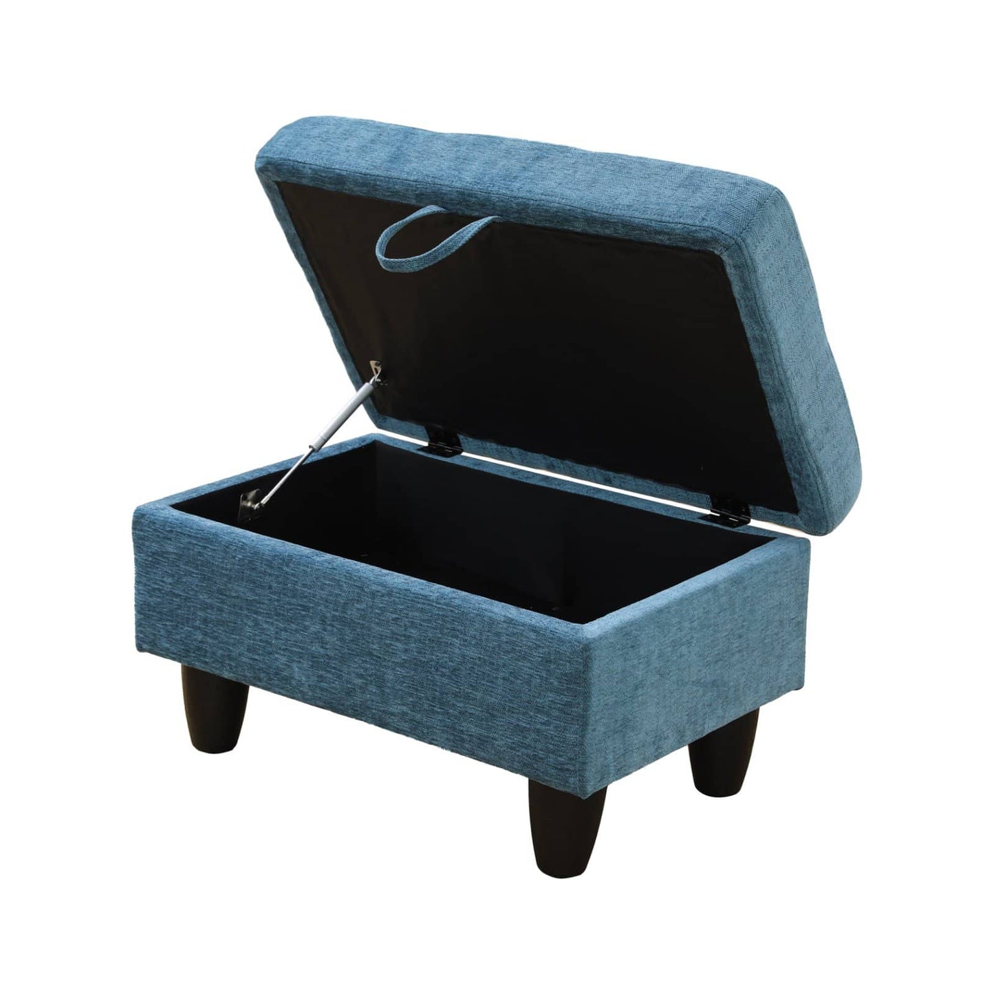 Blue fabric storage ottoman with open lid and black interior