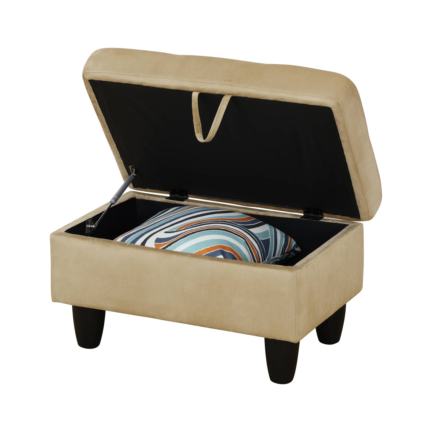Beige velvet storage ottoman with a patterned cushion inside