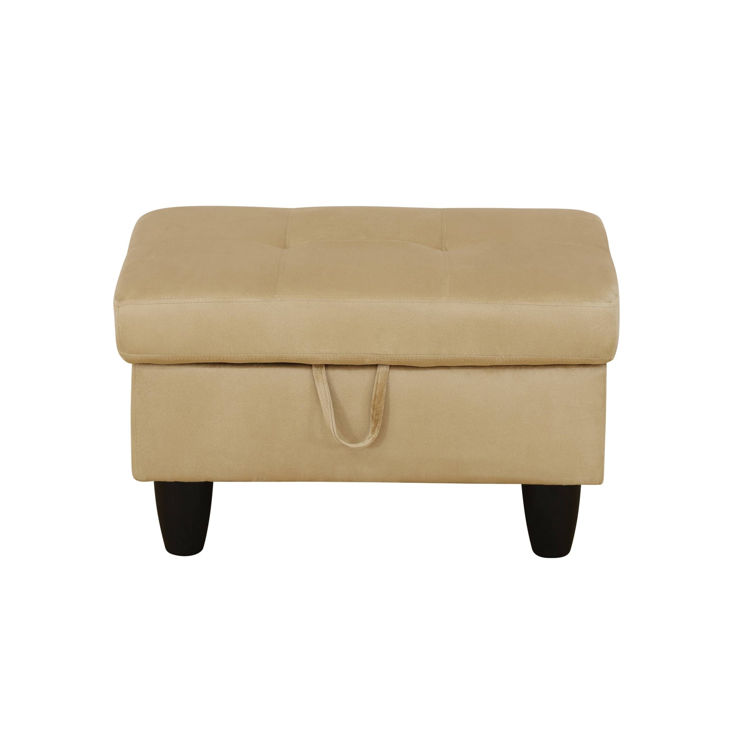 Tufted beige faux leather storage ottoman with pull tab and dark legs