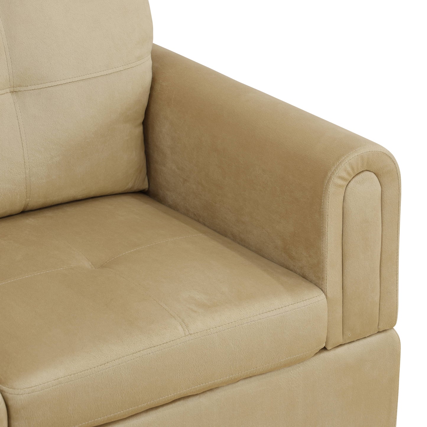 Beige velvet sofa armrest with diamond tufting detail
