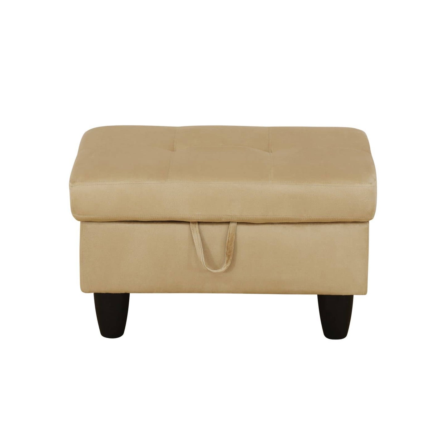 Tufted beige storage ottoman with dark wooden legs