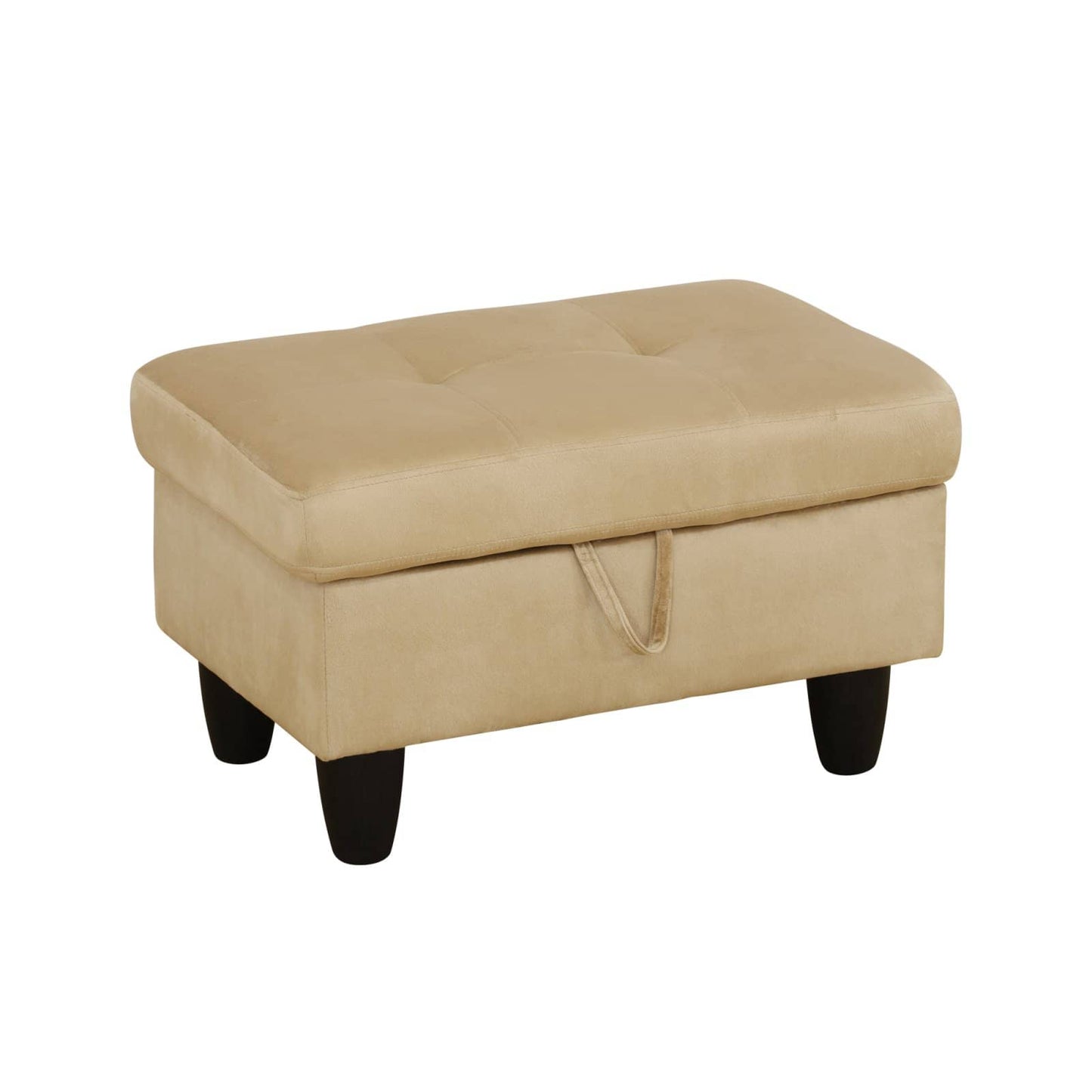 Tufted beige velvet storage ottoman with dark wood legs