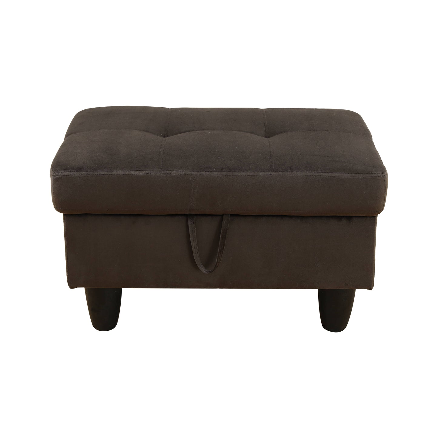 Dark brown fabric storage ottoman with tufted top and short tapered legs