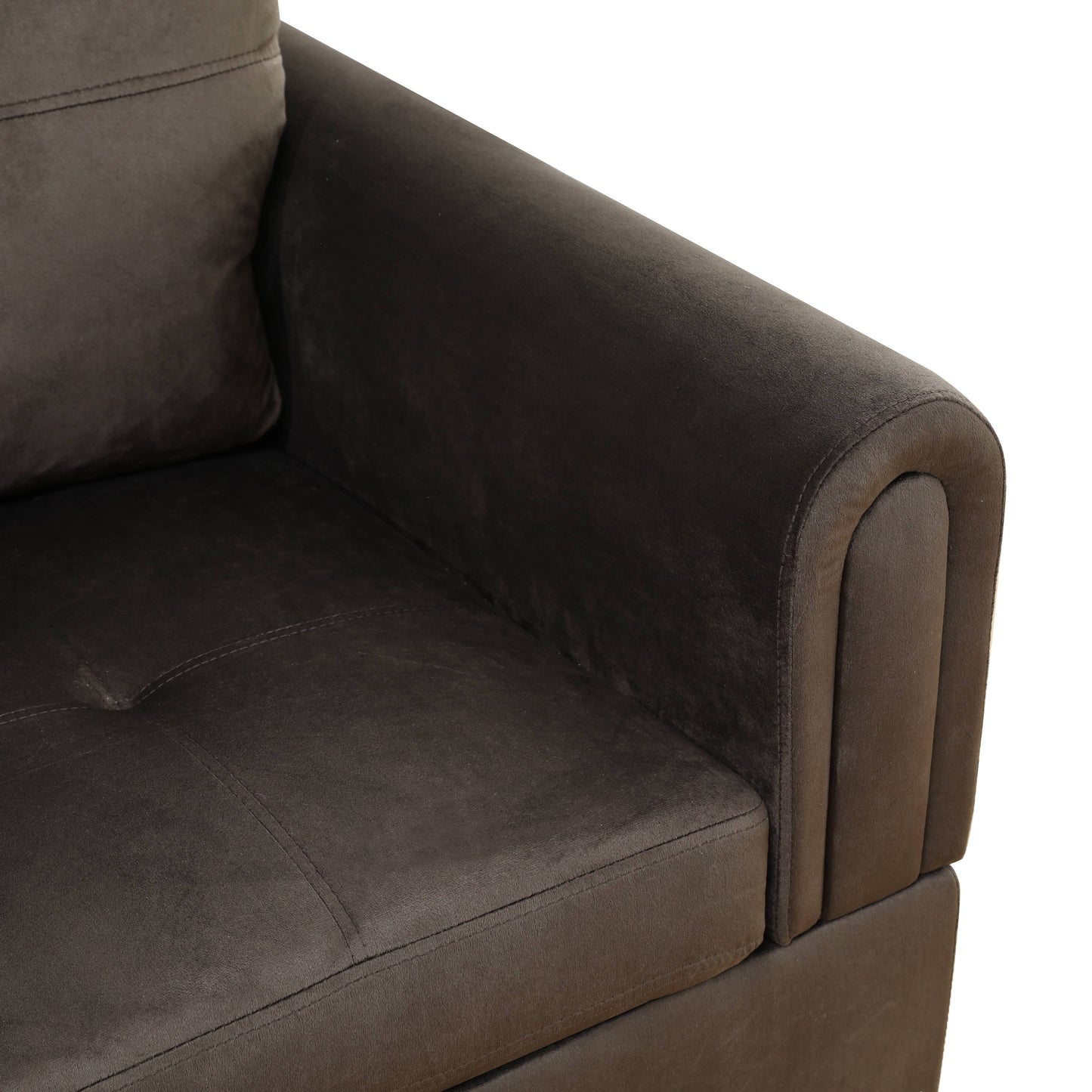 Dark brown velvet sofa arm with stitched cushion detail