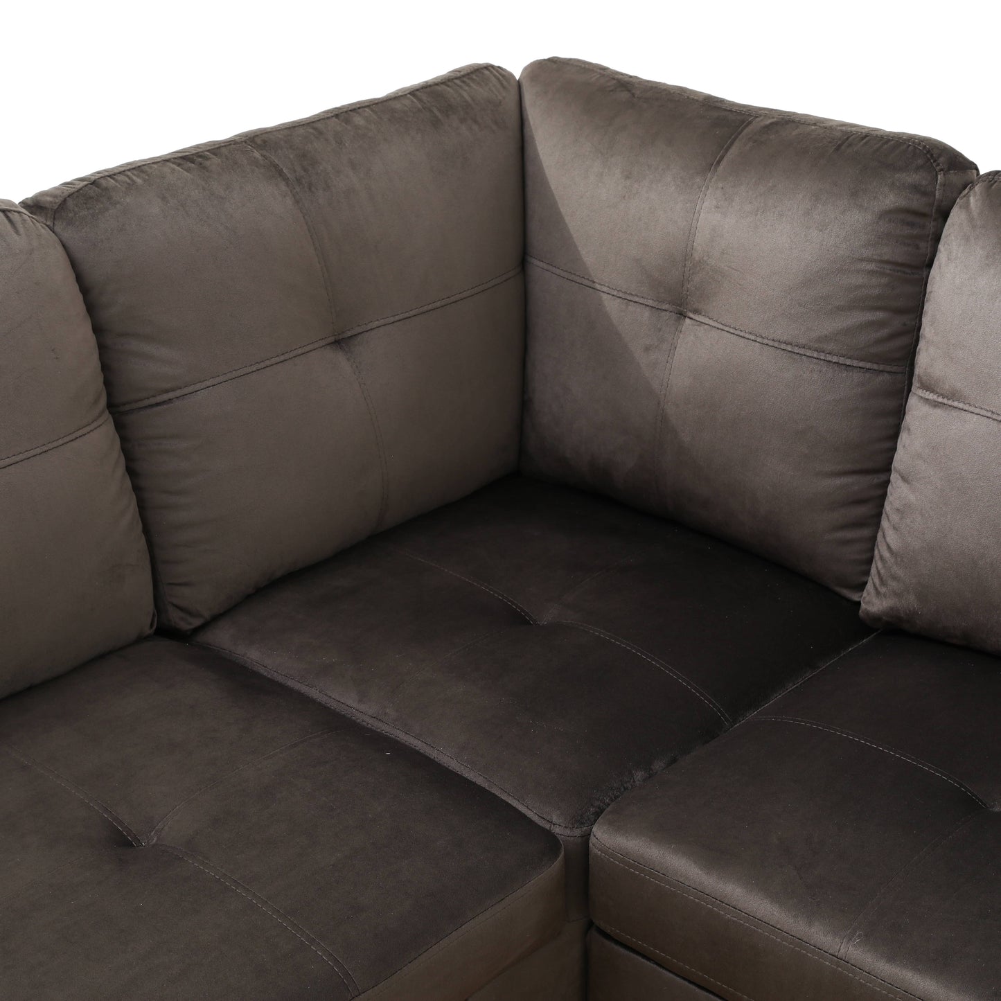 Dark brown tufted microfiber sectional sofa with deep seat cushions