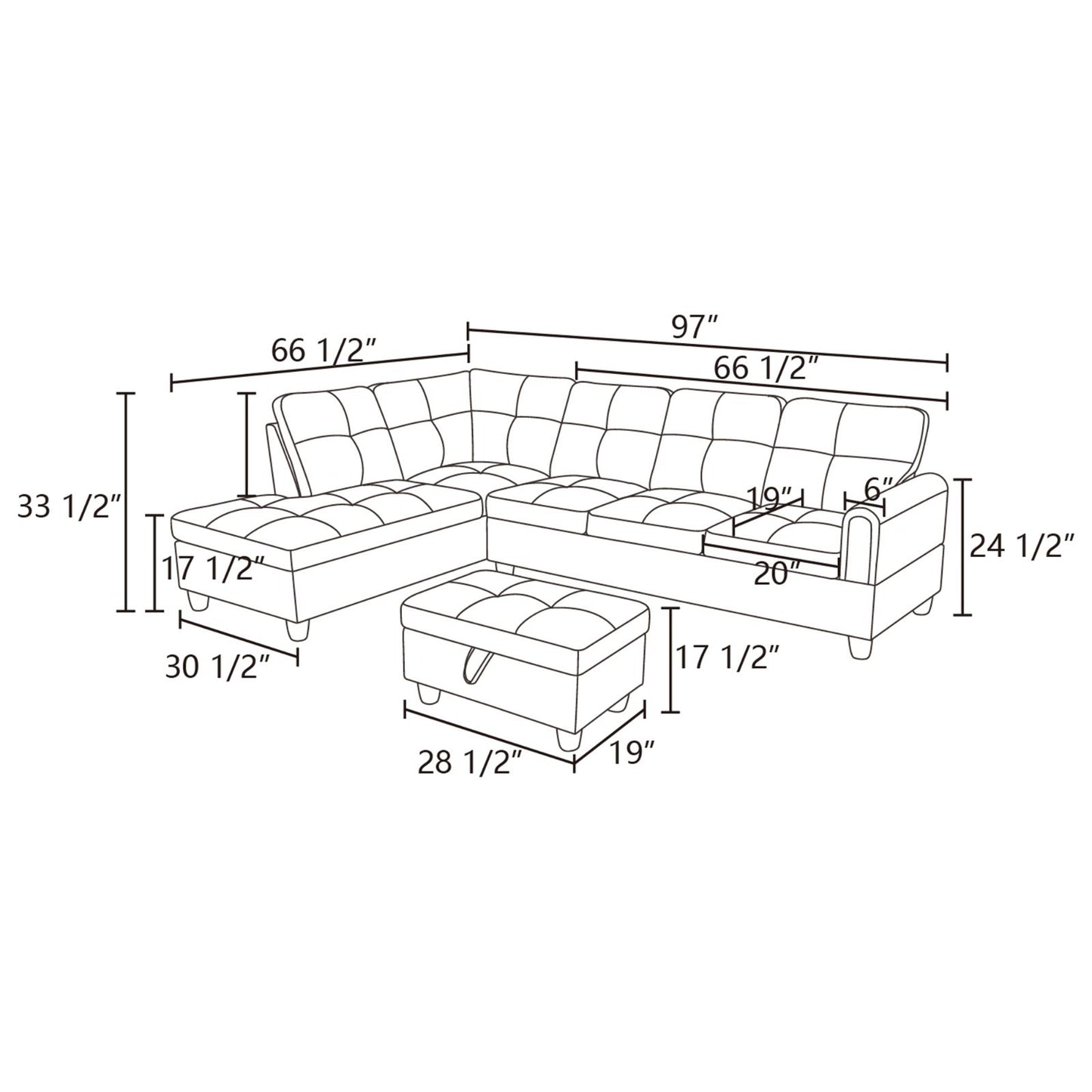 Schematic diagram of a tufted sectional sofa with ottoman and dimensions