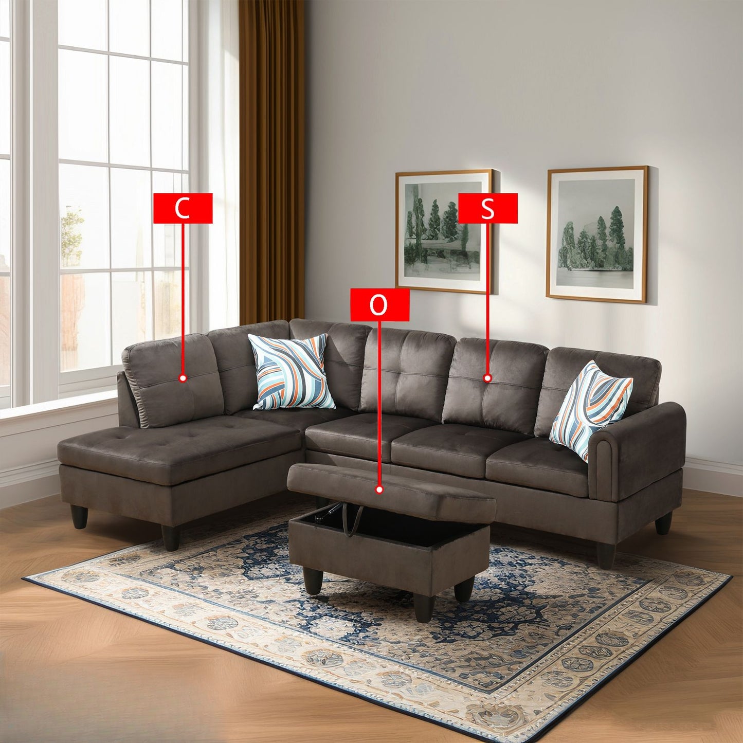 Dark brown velvet sectional sofa with chaise and open ottoman storage