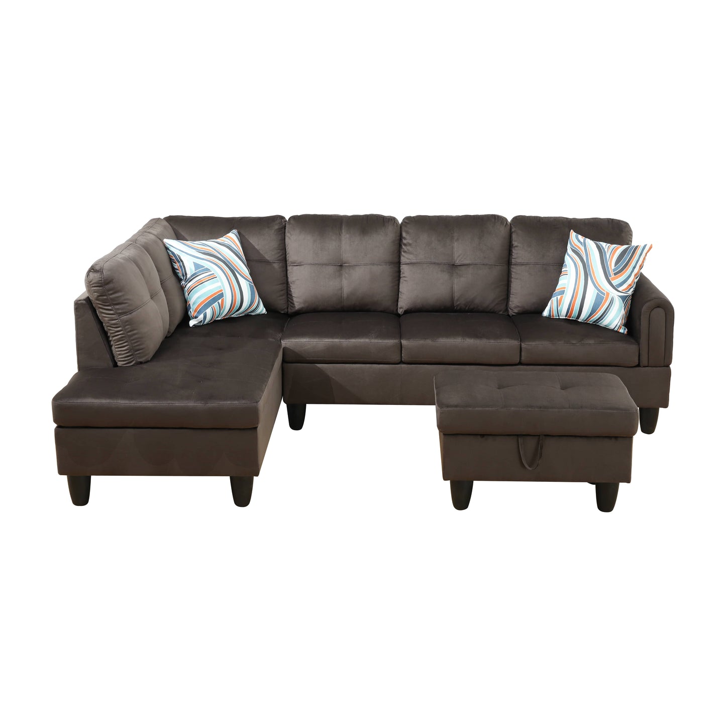 Dark brown velvet sectional sofa with tufted back cushions and modern design