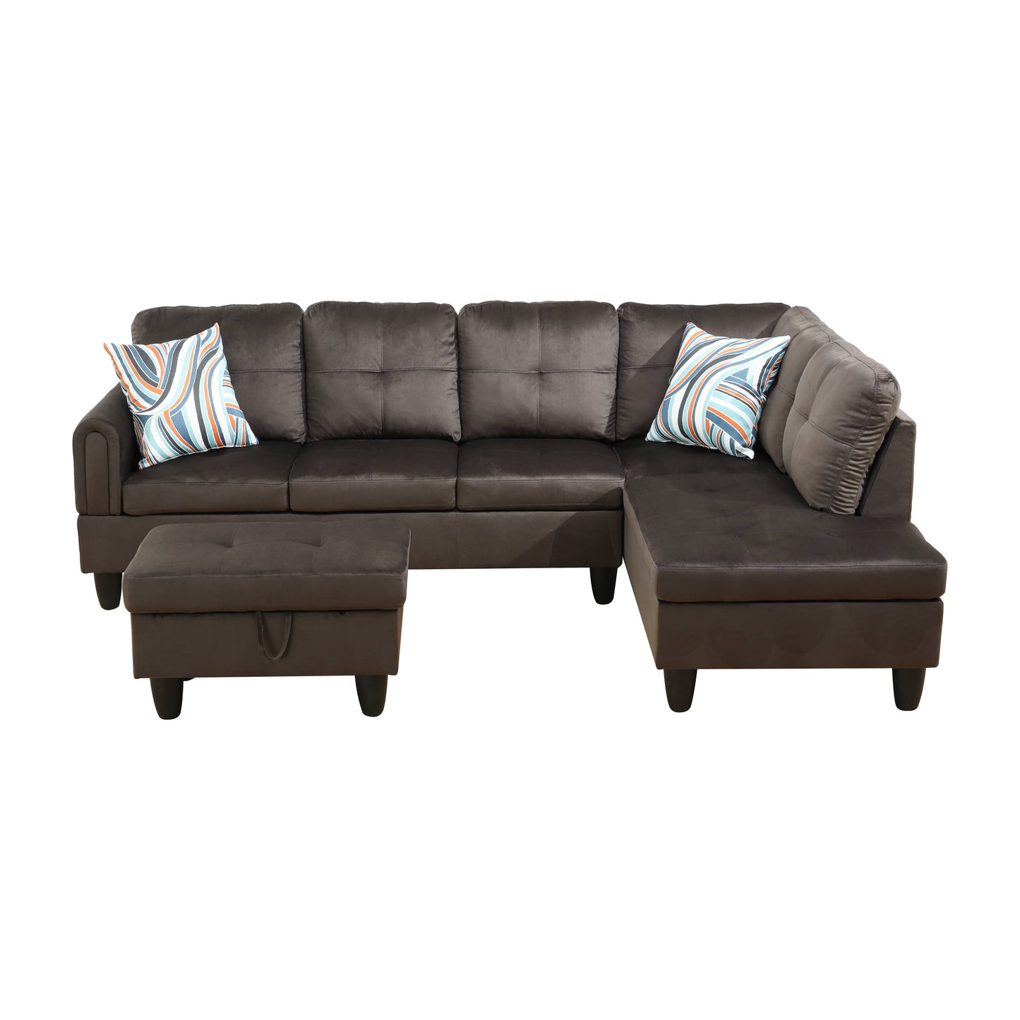 Dark brown sectional sofa with tufted cushions and geometric accent pillows